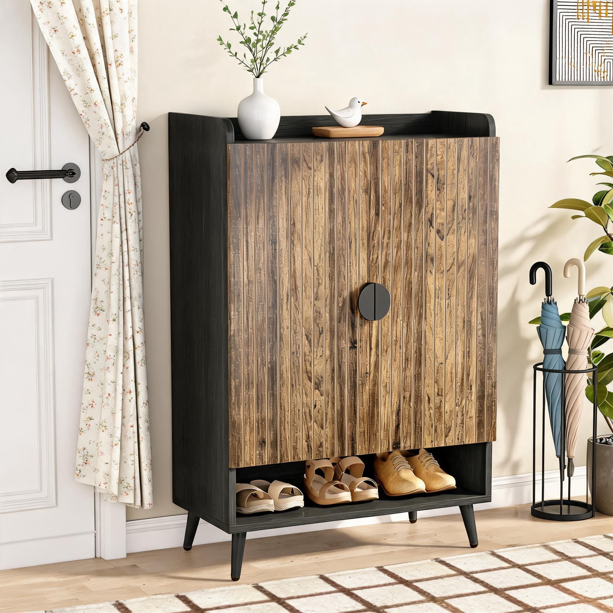 Fnova 24 Pairs Shoe Cabinet with Doors, 7-Tier Farmhouse Shoe Organizer with Adjustable Shelves for Entryway, Rustic Brown