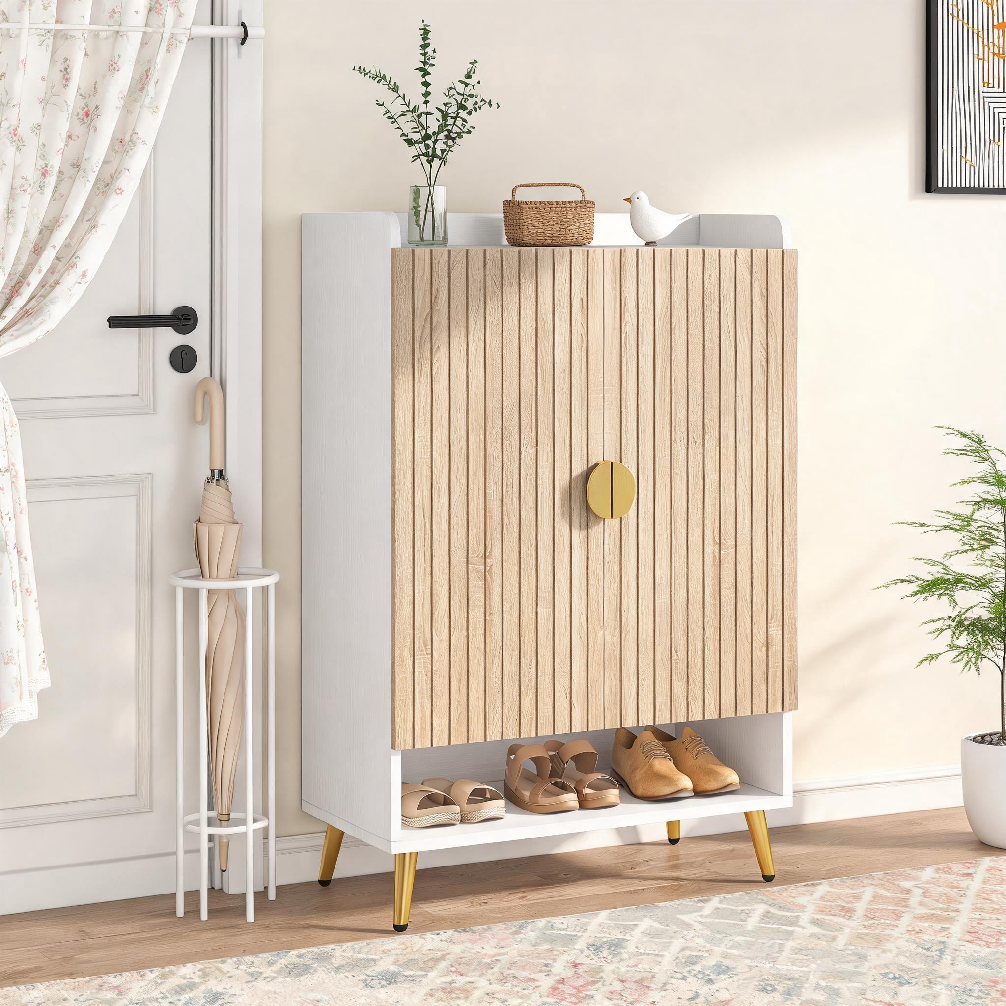 Fnova 24 Pairs Shoe Cabinet with Doors, 7-Tier Modern Shoe Organizer with Adjustable Shelves for Entryway, White/Natural