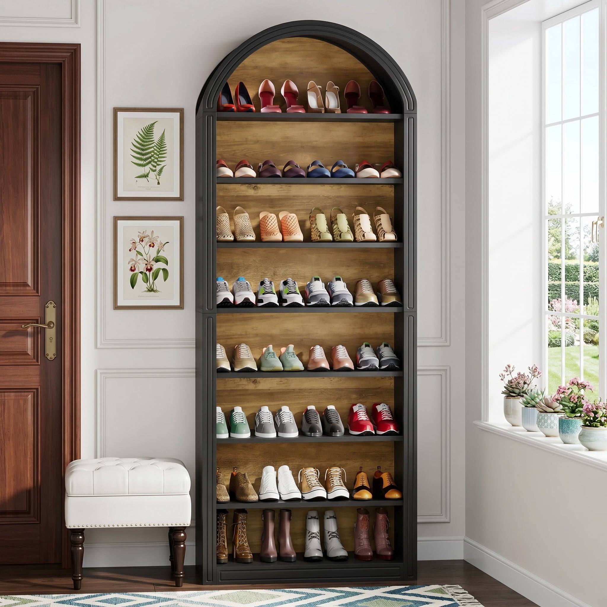 Fnova 79.5" Arched Shoe Storage Cabinet, 8-Tier Wooden Shoe Organizer Rack for 35 Pairs, Adjustable Shelves, Black