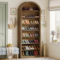 Fnova 79.5" Arched Shoe Storage Cabinet, 8-Tier Wooden Shoe Organizer Rack for 35 Pairs, Adjustable Shelves, Brown