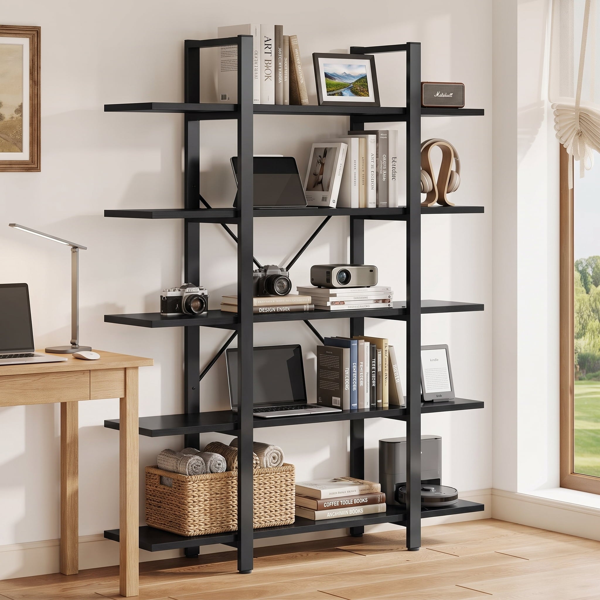 Fnova 5-Tier Tall Bookshelf, 70" Industrial Bookcase, Modern Display Rack for Living Room, Home Office, Heavy Duty, Black