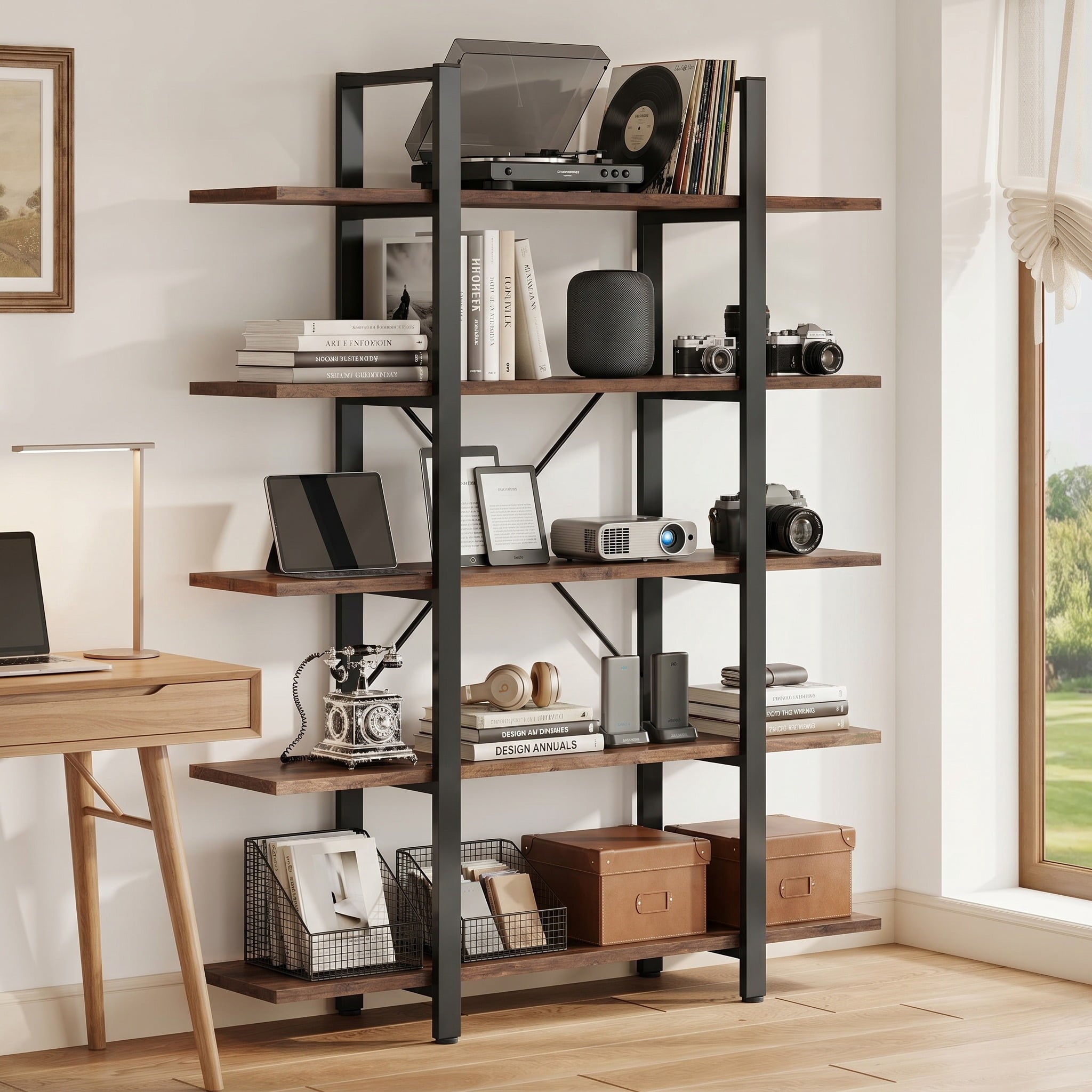 Fnova 5-Tier Tall Bookshelf, 70" Industrial Bookcase, Modern Display Rack for Living Room, Home Office, Heavy Duty, Brown