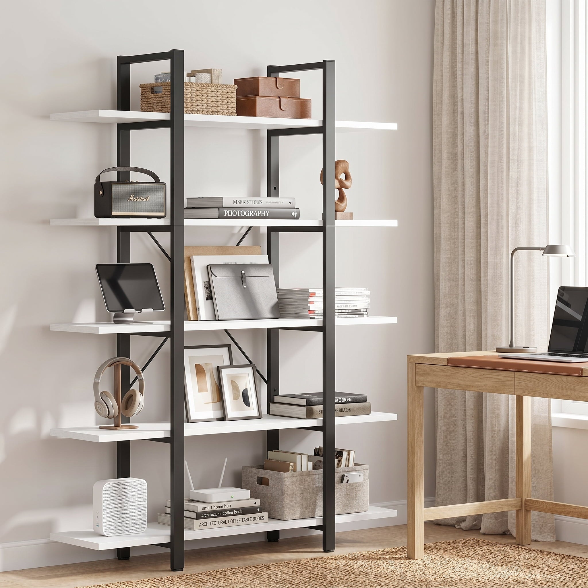 Fnova 5-Tier Tall Bookshelf, 70" Industrial Bookcase, Modern Display Rack for Living Room, Home Office, Heavy Duty, White