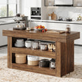 Fnova 55" 3-Tier Kitchen Island with Storage, Farmhouse Island Table with Large Countertop, Wooden Bar Table Storage for Kitchen, Dining Room, Brown