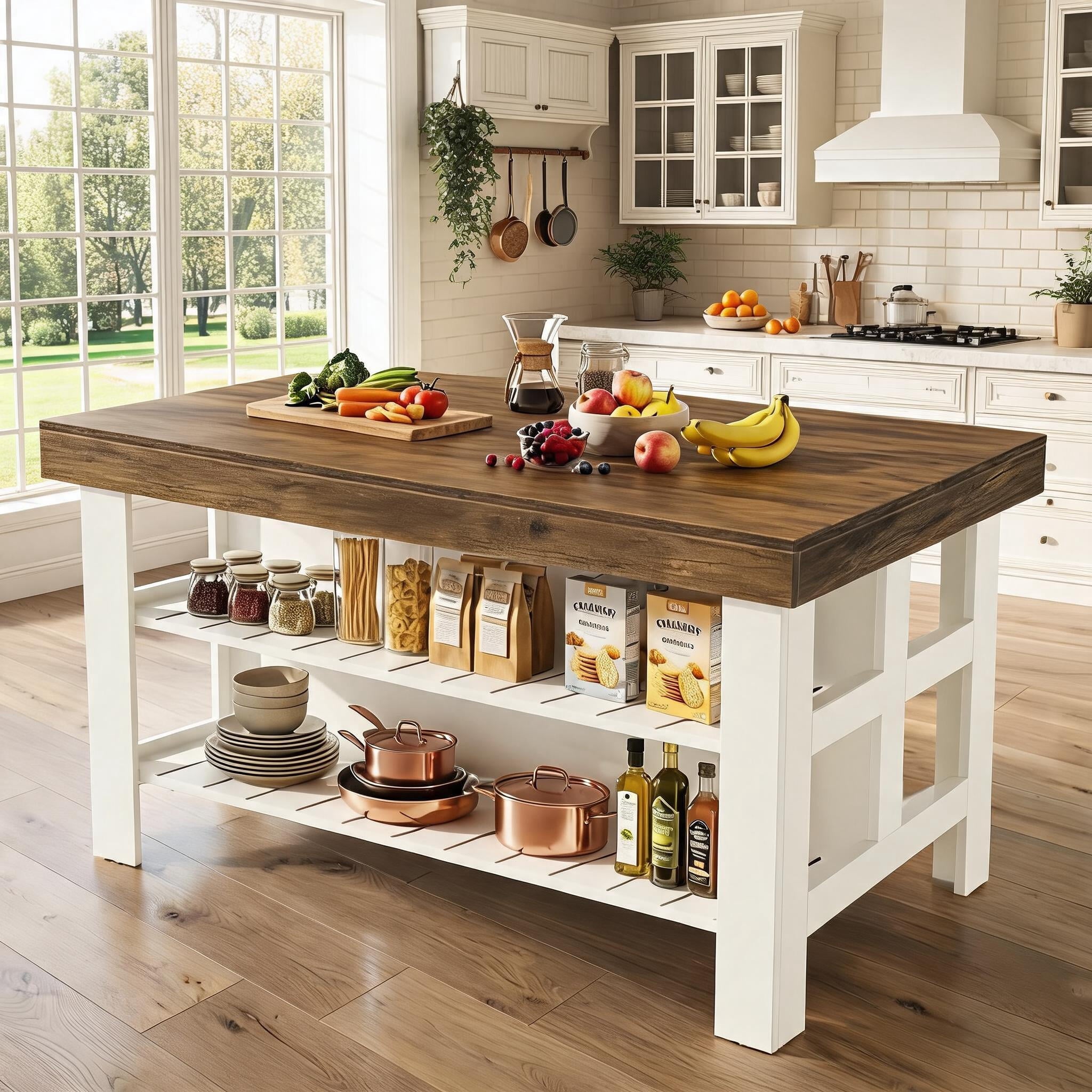 Fnova 55" Kitchen Island with Storage, Farmhouse Wood Kitchen Storage Cabinet, Large Stationary Island Table for Kitchen Dining Room, White£¦Brown
