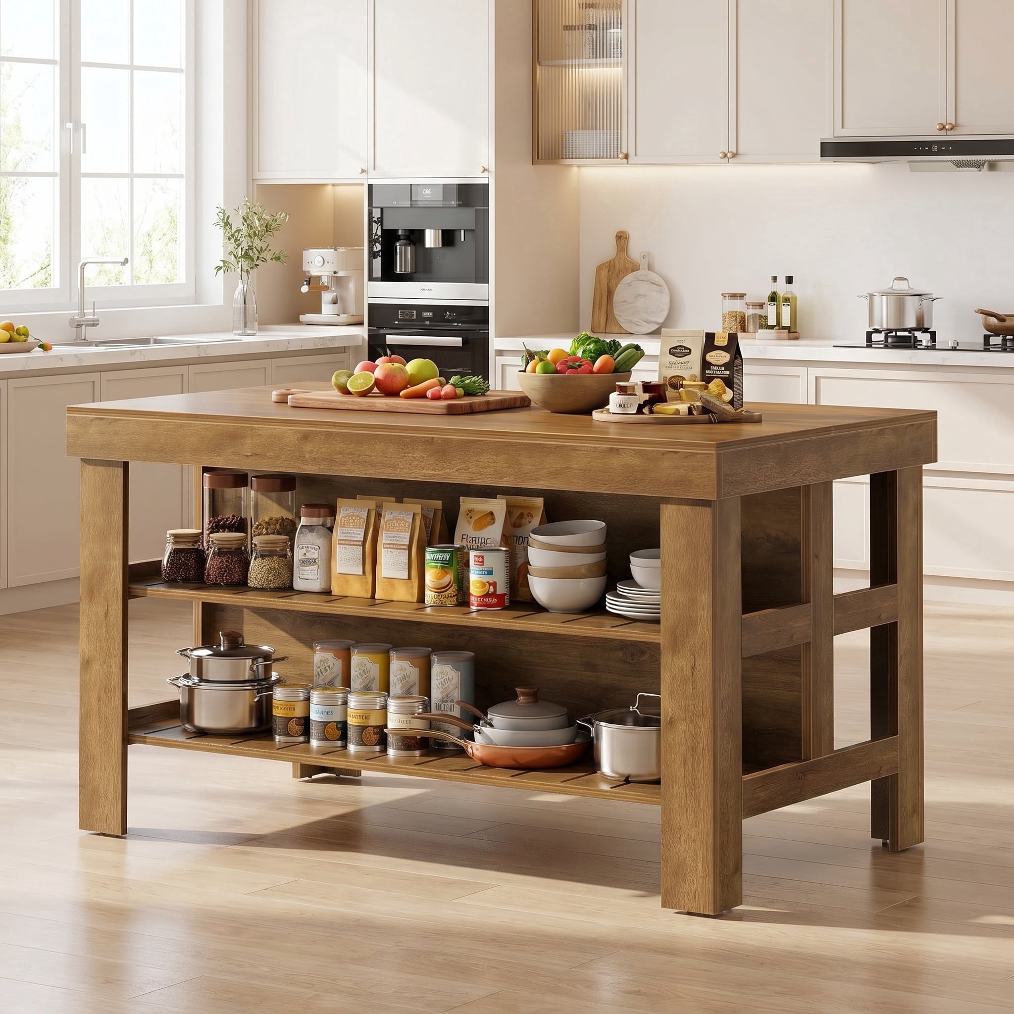 Fnova 55" Kitchen Island with Storage, Farmhouse Wood Kitchen Storage Cabinet, Large Stationary Island Table for Kitchen Dining Room, Brown