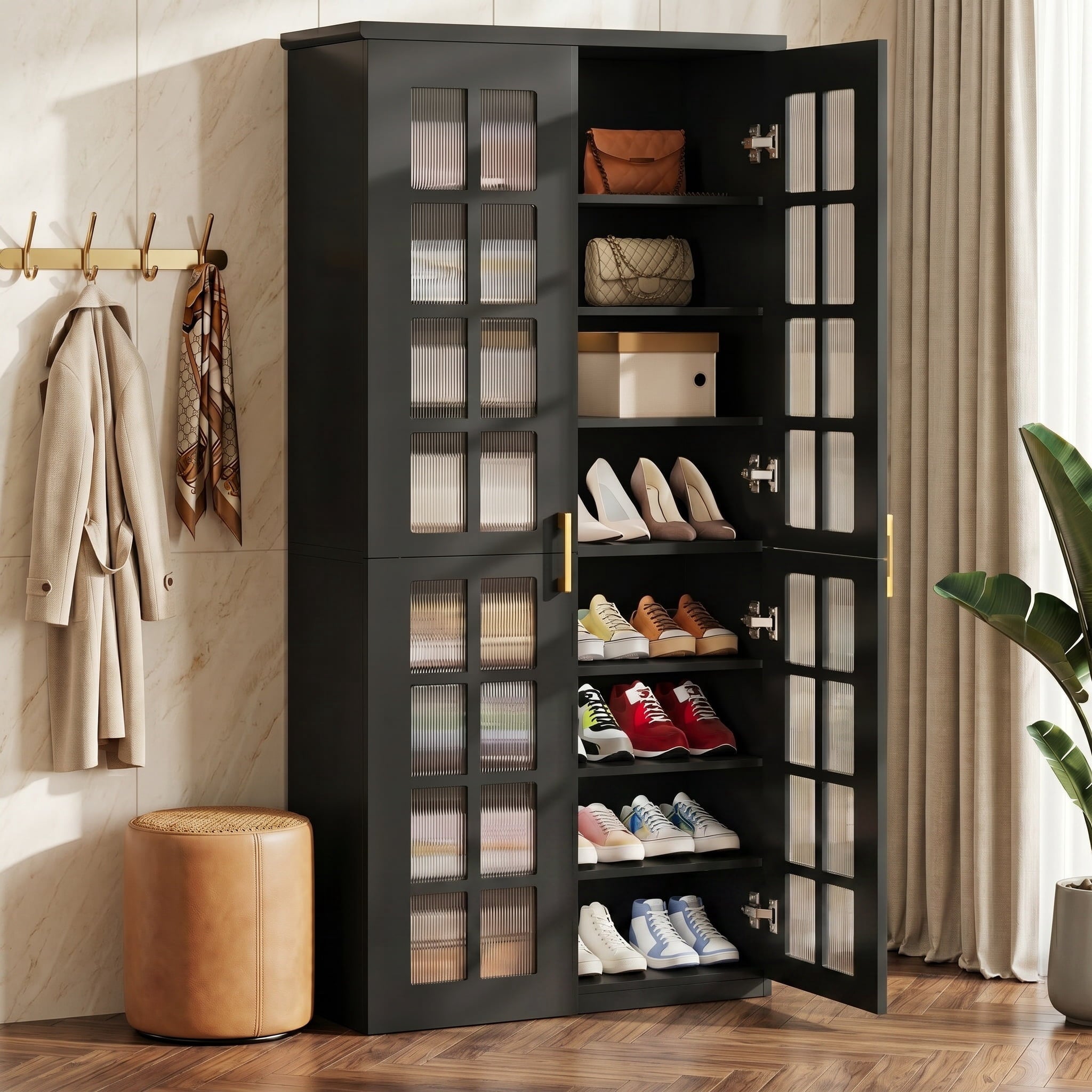 Fnova 67.5" Tall Shoe Cabinet with Doors for 32 Pairs, 8-Tier Shoe Storage with Adjustable Shelves, Wooden Shoe Rack Organizer, Black