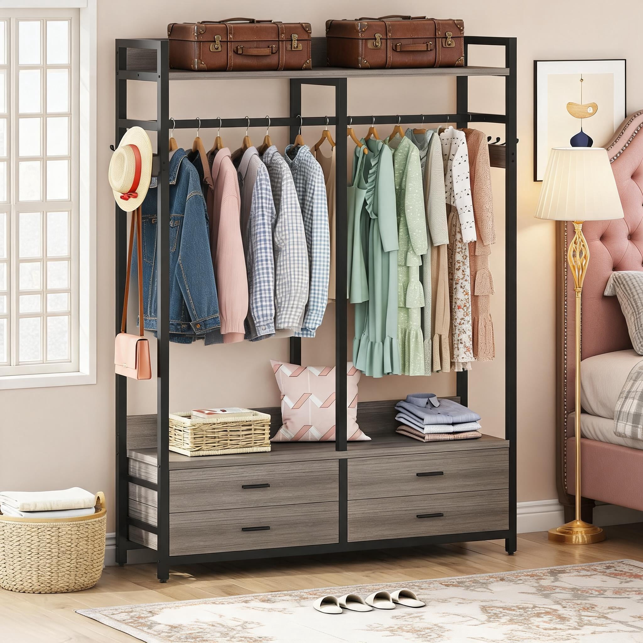 Fnova 70.8" Freestanding Closet Organizer, Heavy Duty Garment Rack with 4 Drawers, 8 Hooks and Storage Shelves, Wardrobe Closet Clothing Rack for Bedroom, Living Room, Grey