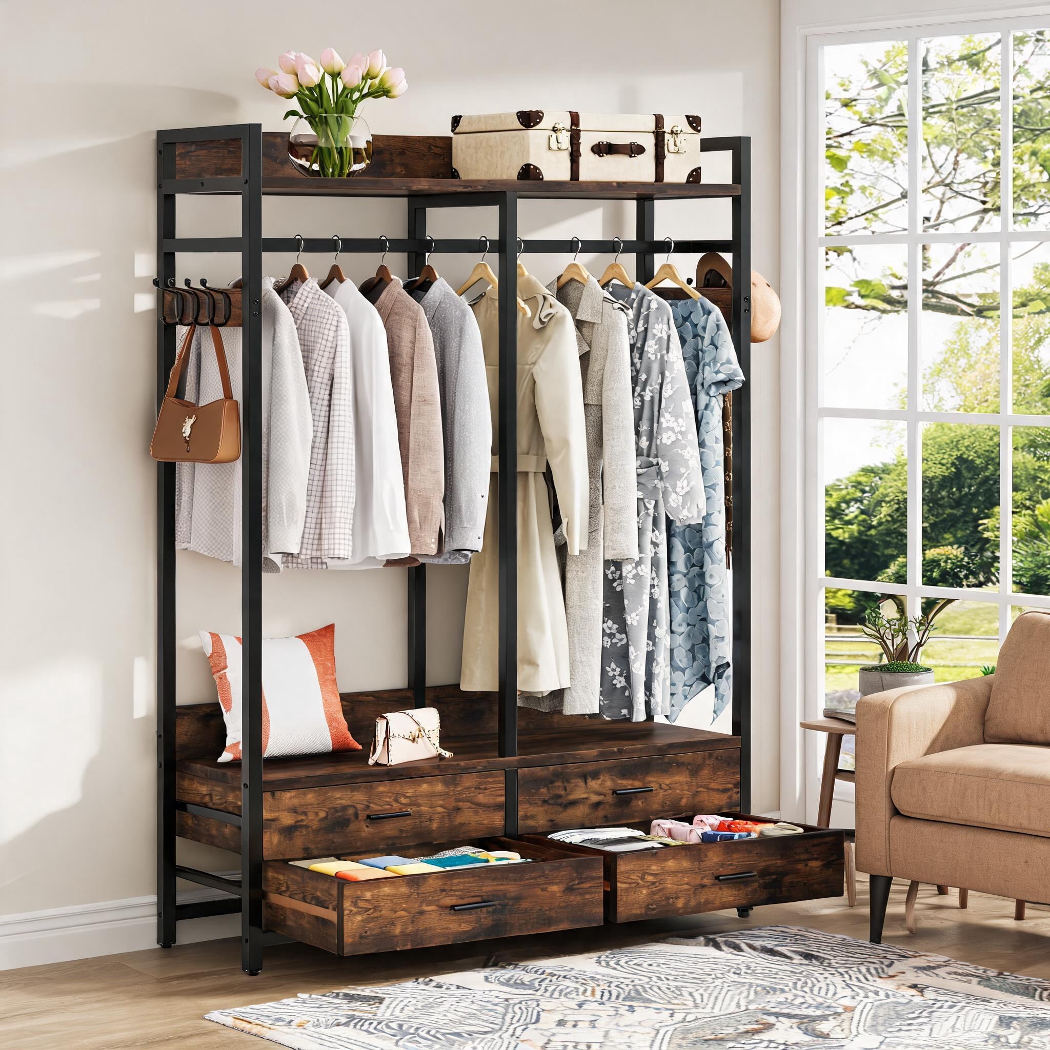 Fnova 70.8" Freestanding Closet Organizer, Heavy Duty Garment Rack with 4 Drawers, 8 Hooks and Storage Shelves, Wardrobe Closet Clothing Rack for Bedroom, Living Room, Black