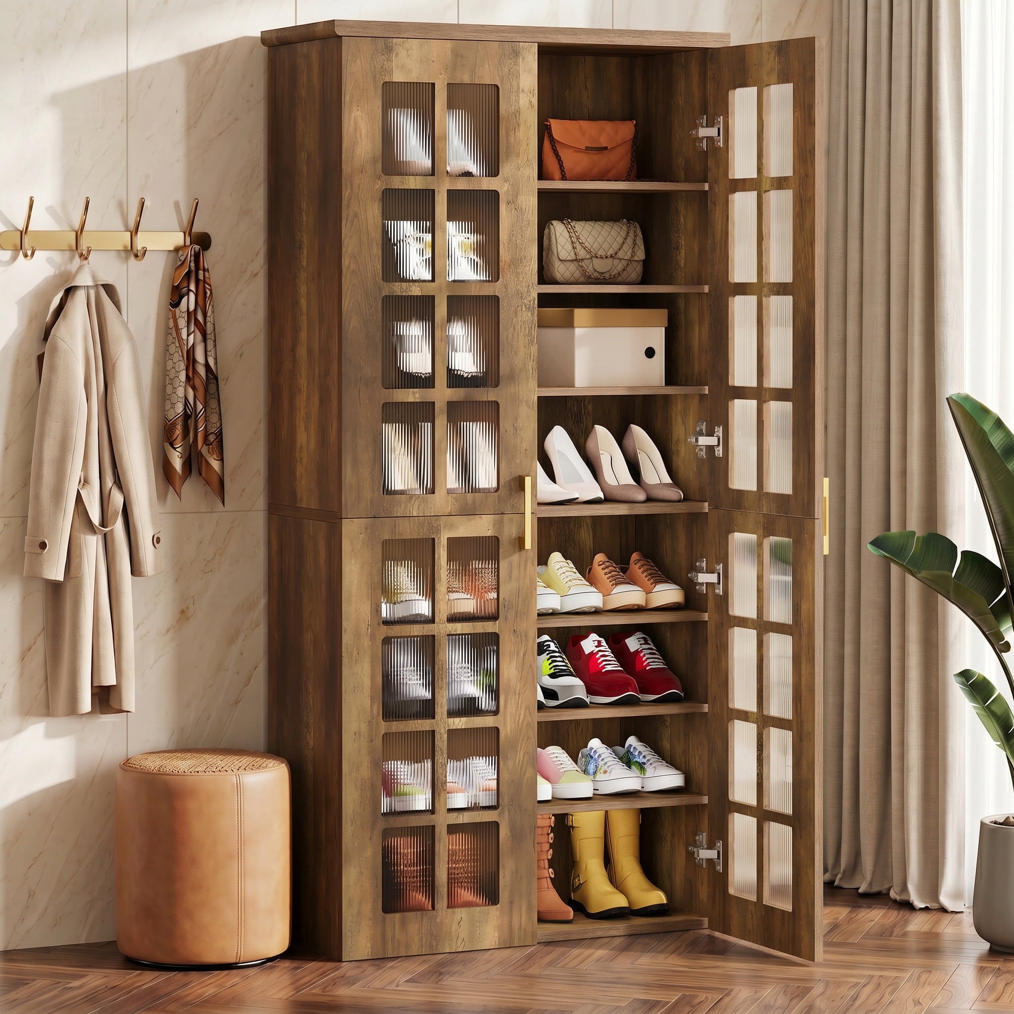 Fnova 70.8" 32 Pairs Tall Shoe Cabinet with Doors, 8-Tier Shoe Storage with Adjustable Shelves, Wooden Shoe Rack Organizer, Brown