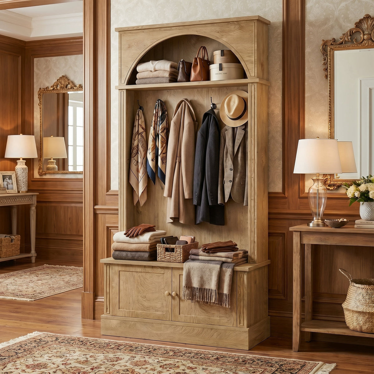 Fnova 70.87" Hall Tree with Storage Bench, 4-in-1 Design Bench with Coat Rack, Farmhouse Closet Organizer with 5 Hooks and Adjustable Shelves, Brown