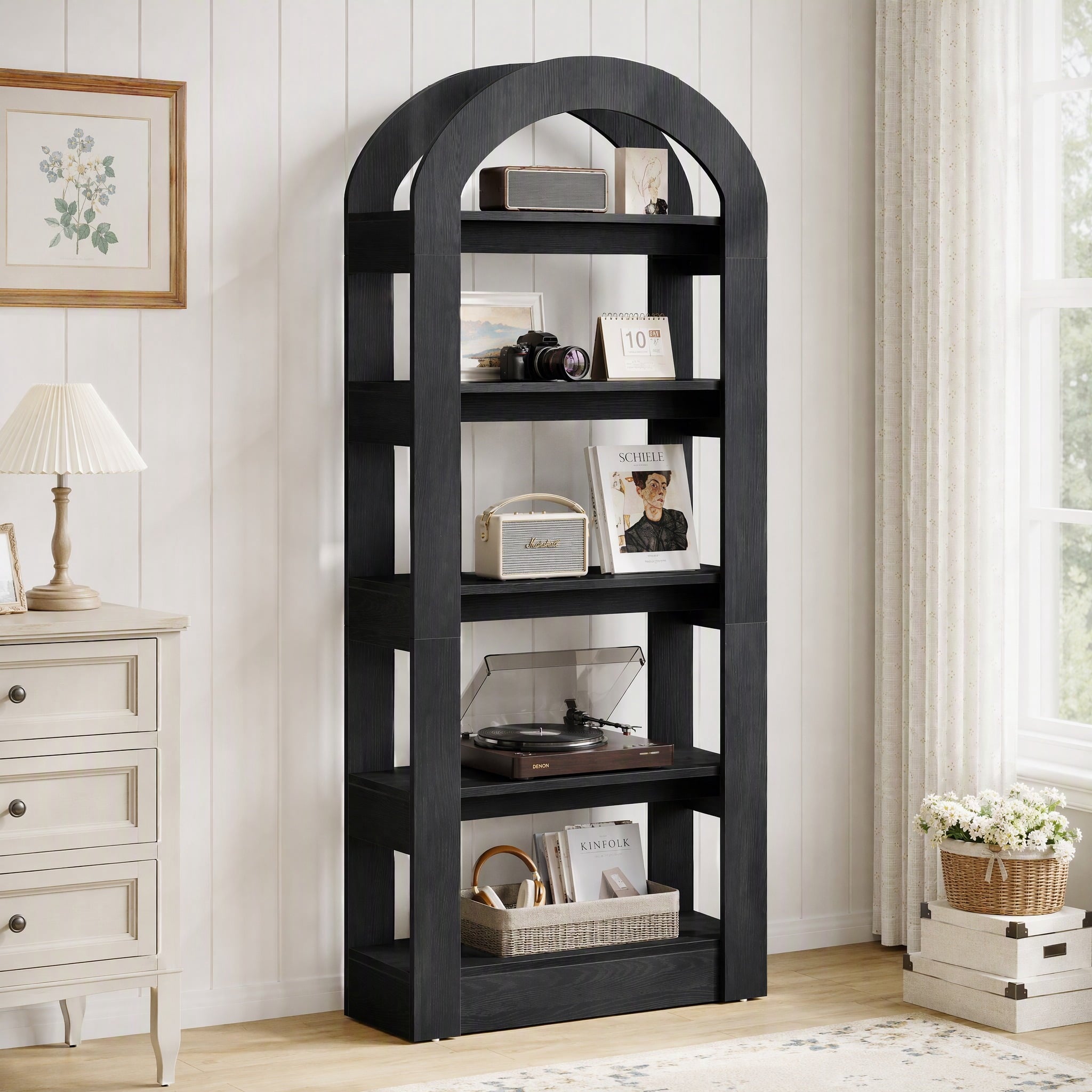 Fnova 70" Open Arch Bookcase, 5-Tier Display Storage Shelf, Space-Saving Farmhouse Bookshelf for Living Room, Bedroom, Home Office, Black