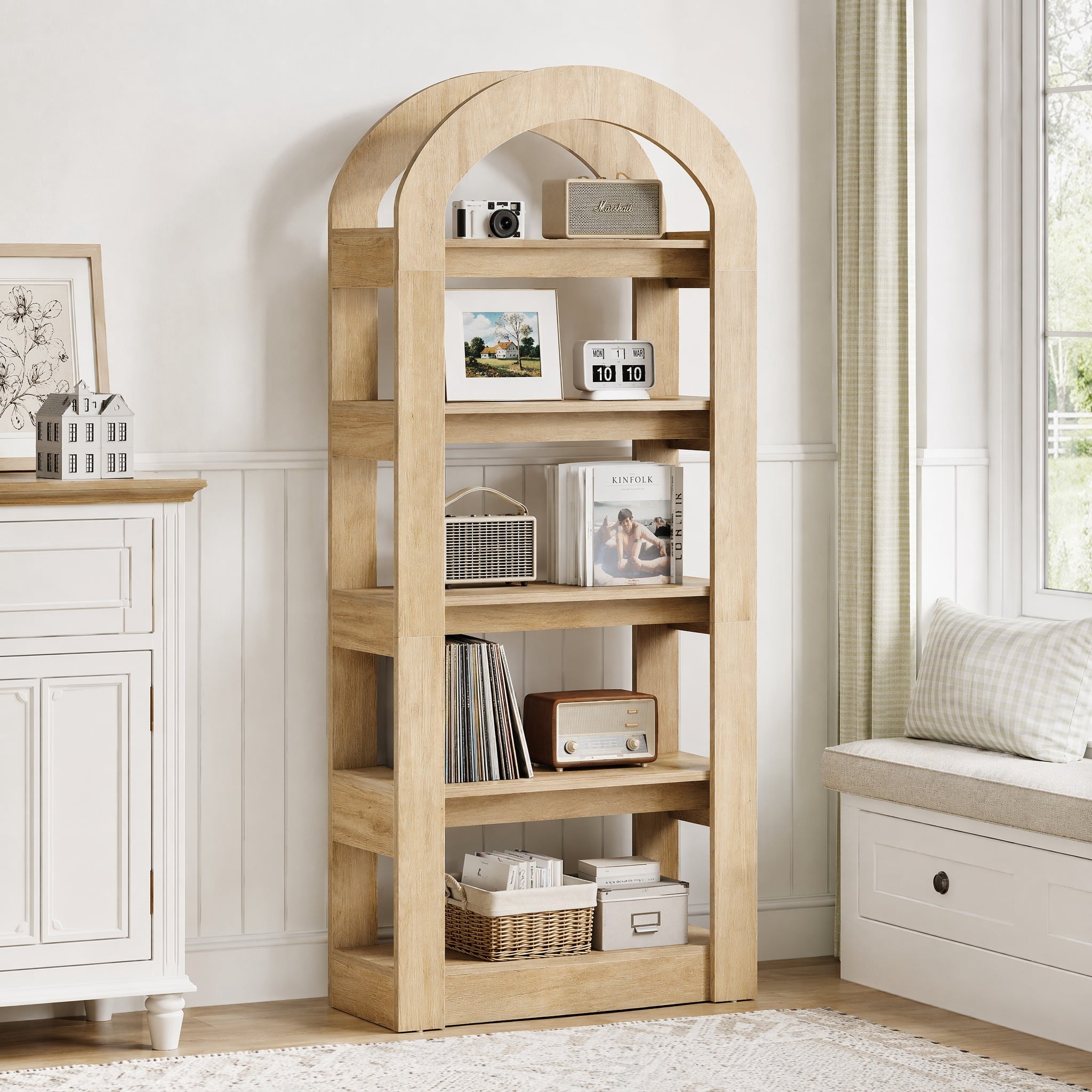 Fnova 70" Open Arch Bookcase, 5-Tier Display Storage Shelf, Space-Saving Farmhouse Bookshelf for Living Room, Bedroom, Home Office, Light Brown
