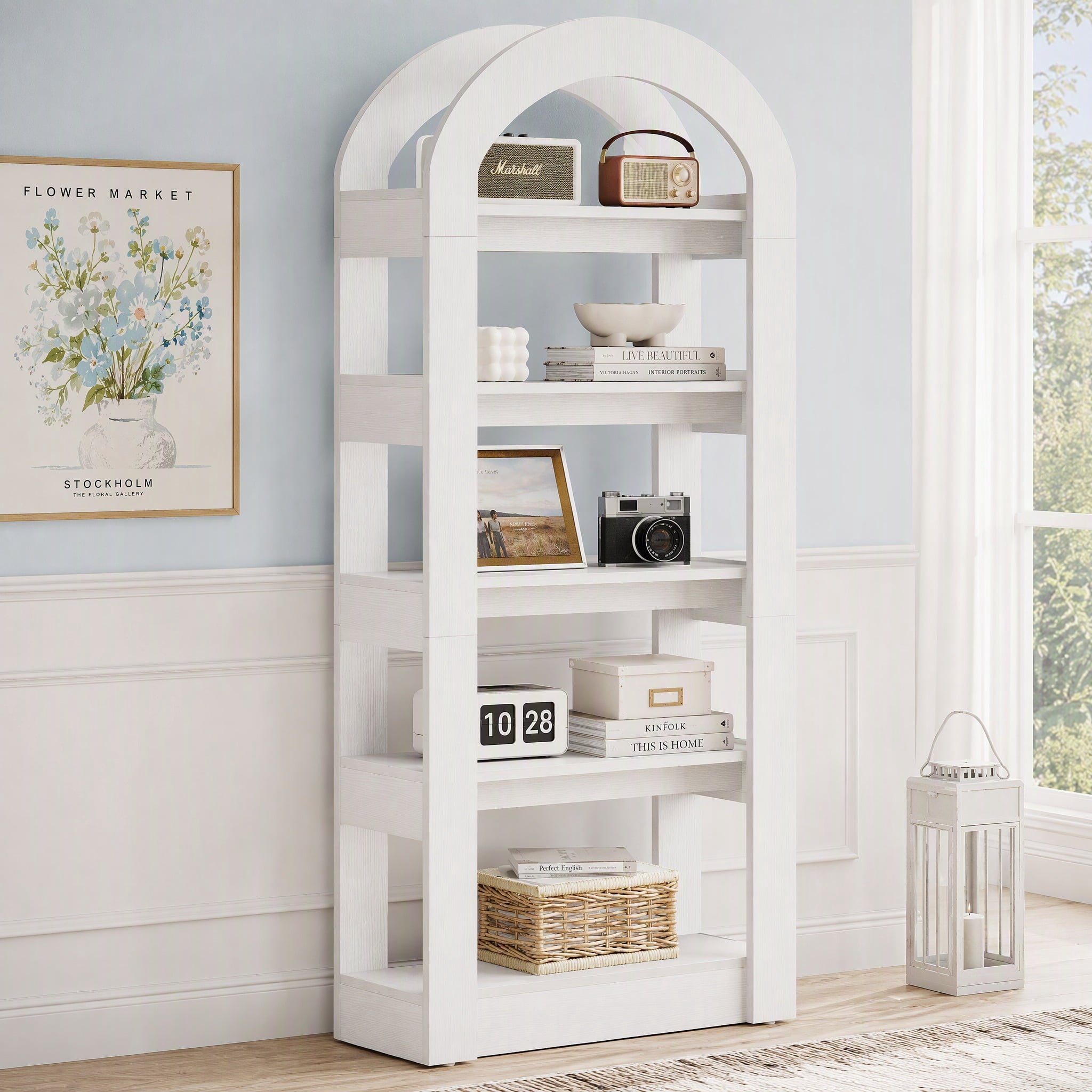 Fnova 70" Open Arch Bookcase, 5-Tier Display Storage Shelf, Space-Saving Modern Bookshelf for Living Room, Bedroom, Home Office, White