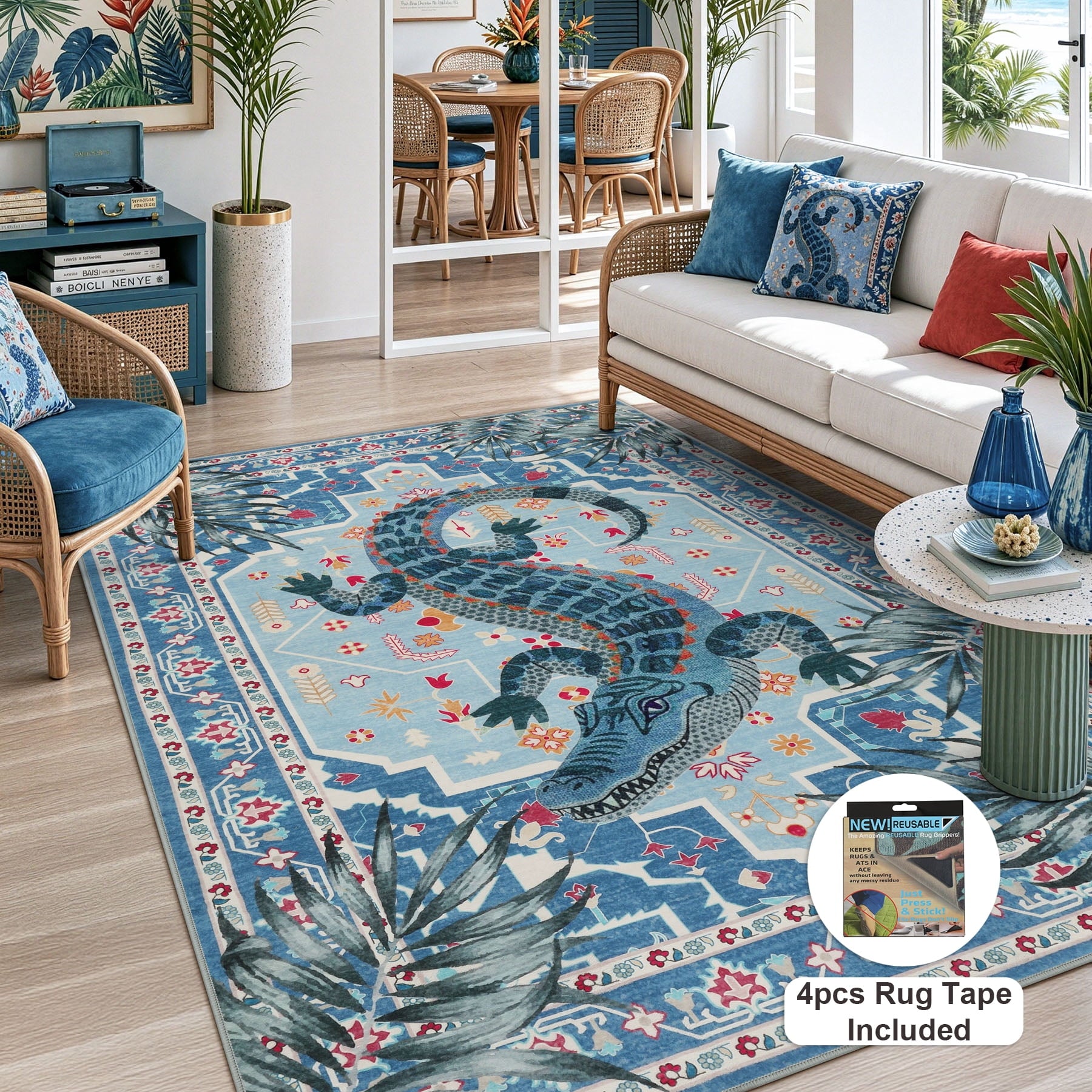 Fnova Boho Crocodile Print 5x7 Area Rugs for Living Room, Washable Blue Vintage Soft Rug for Bedroom Dining Room, Non-Slip Low Pile Large Indoor Carpet for Office Playroom, Oeko-Tex Certified
