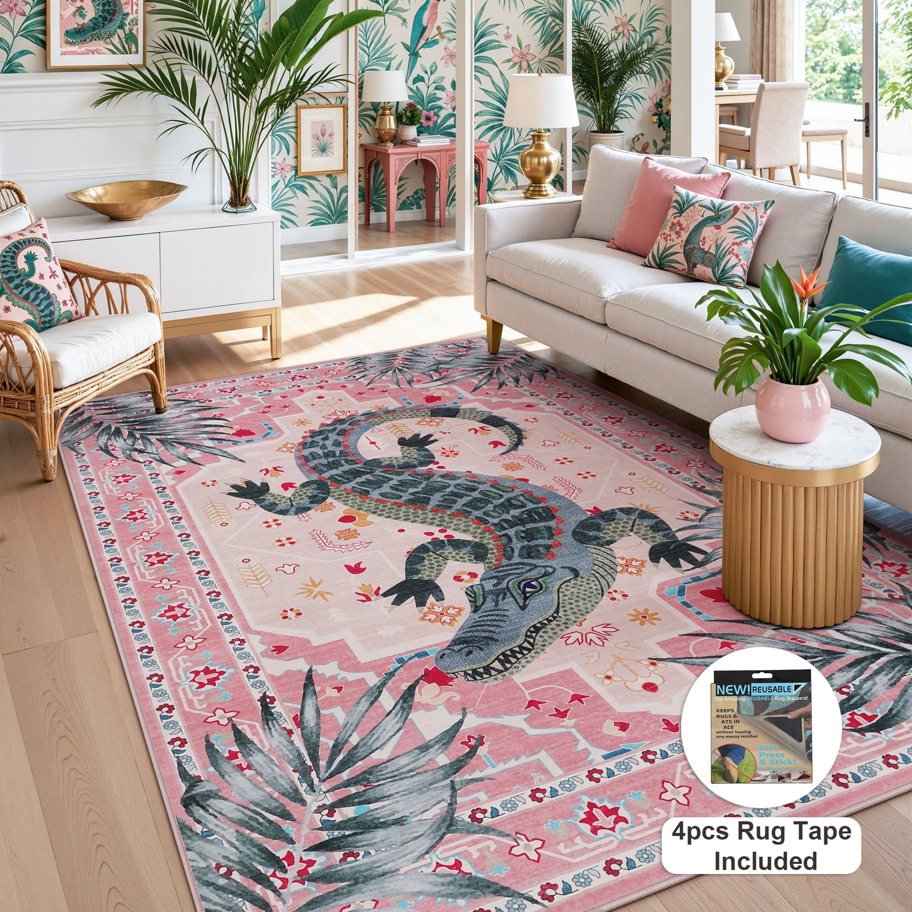 Fnova Boho Crocodile Print 5x7 Washable Area Rugs for Living Room, Pink Vintage Soft Rug for Bedroom Dining Room, Non-Slip Low Pile Large Indoor Carpet for Office Playroom, Oeko-Tex Certified