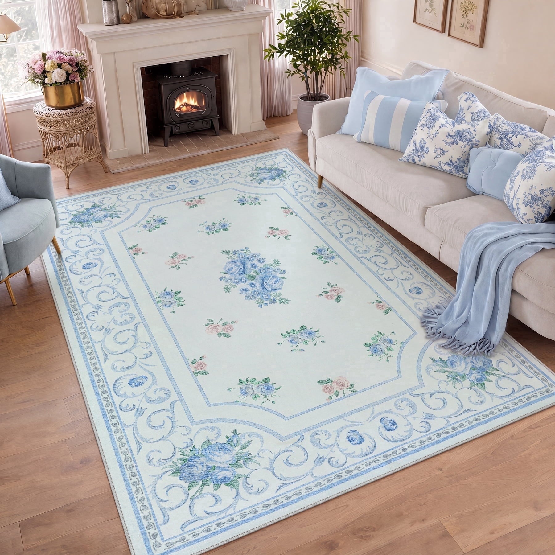 Fnova Boho Floral 5x7 Blue Area Rugs for Living Room, Soft Washable Rugs for Bedroom Nursery, Vintage Non-Slip Low Pile Indoor Dining Room Carpet for Dorm Playroom, Oeko-Tex Certified