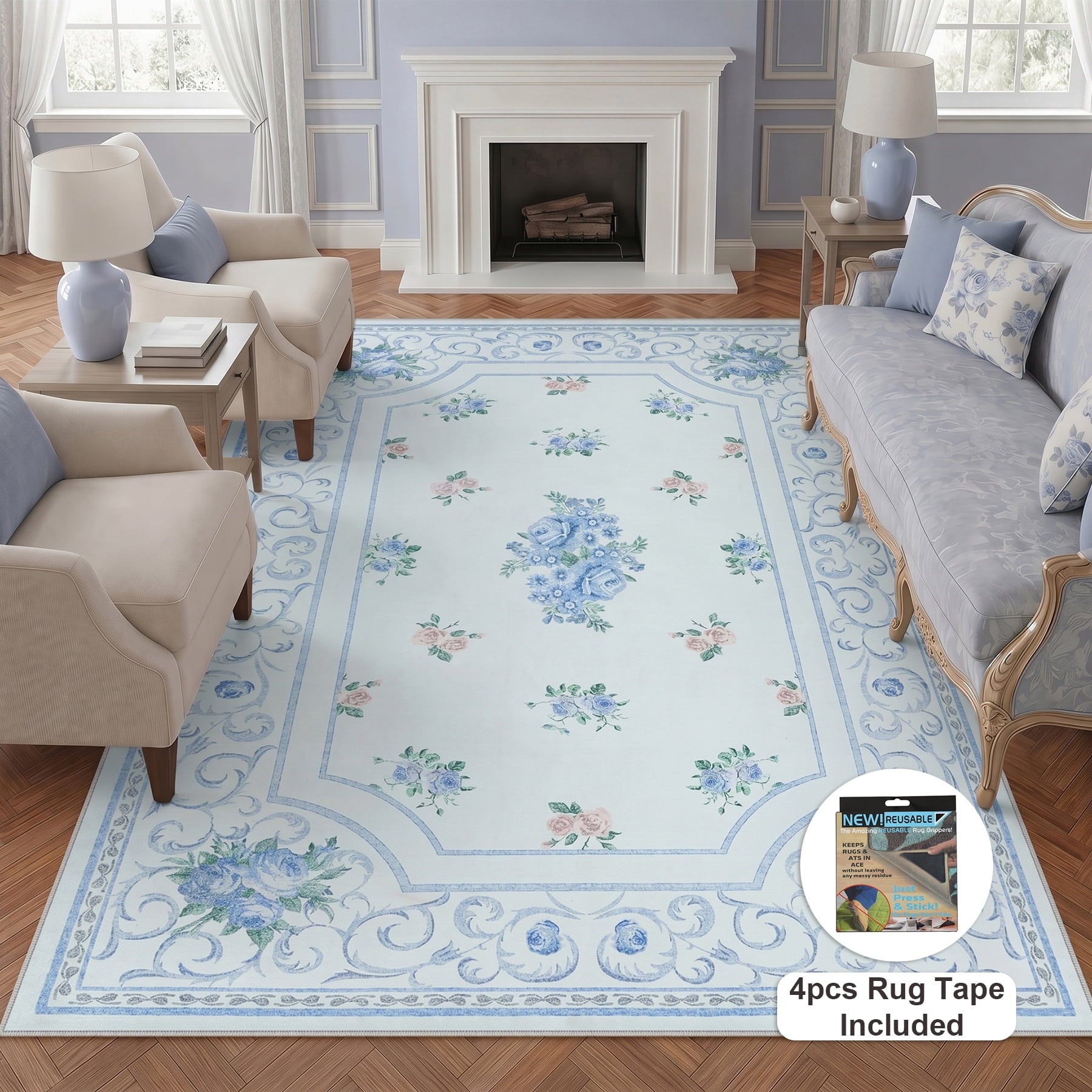 Fnova Boho Floral 8 x 10 Blue Area Rugs for Living Room, Soft Washable Bedroom Rugs 8x10 for Nursery, Border Low Pile Indoor Throw Carpet for Dorm Kids Dining Room, Oeko-Tex Certified