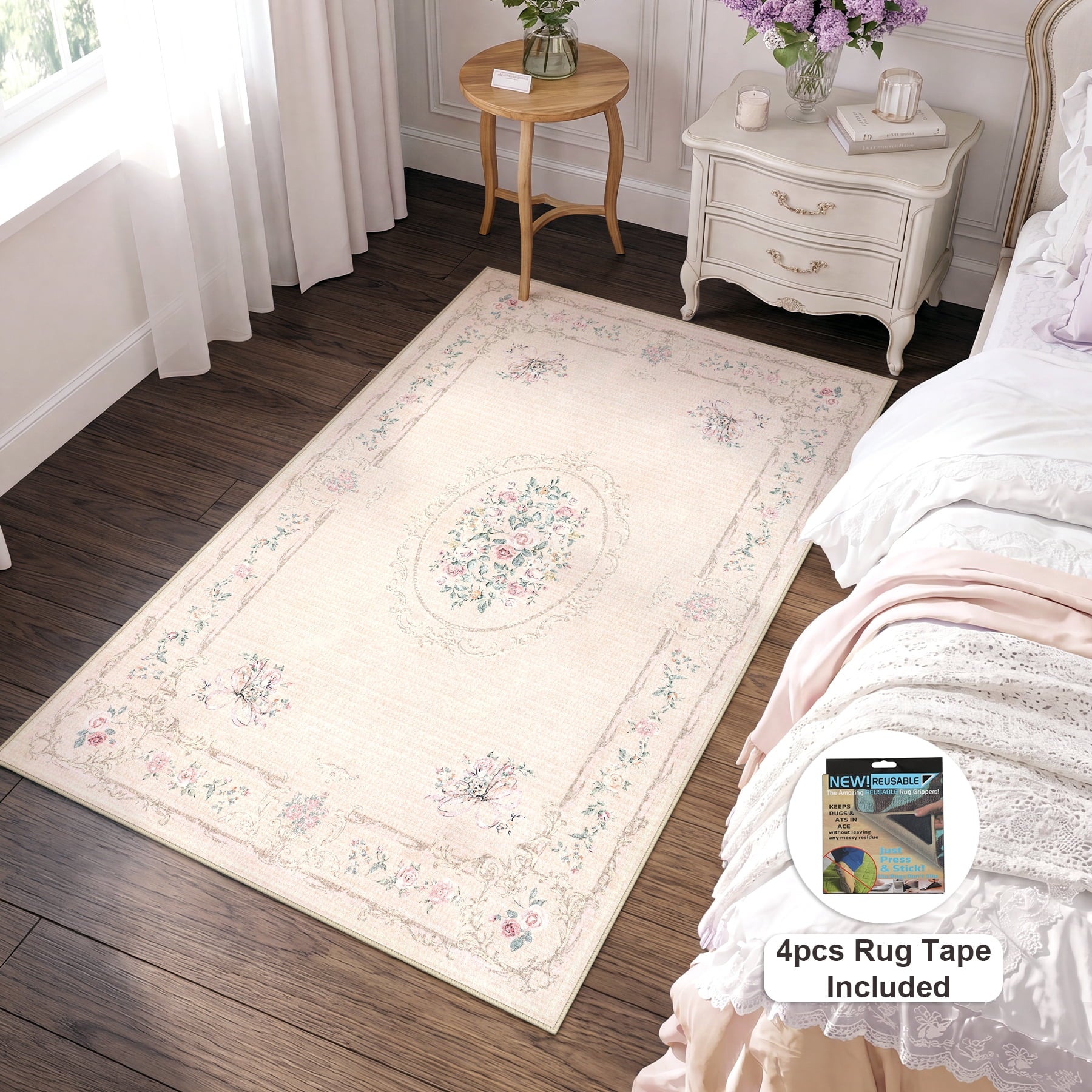 Fnova Boho Vintage 3x5 Blue Rugs for Entryway Front Door, Non-Slip Small Bedroom Kitchen Area Rugs, Bow Floral Soft Low Pile Indoor Carpet for Bathroom Living Room, Oeko-Tex Certified