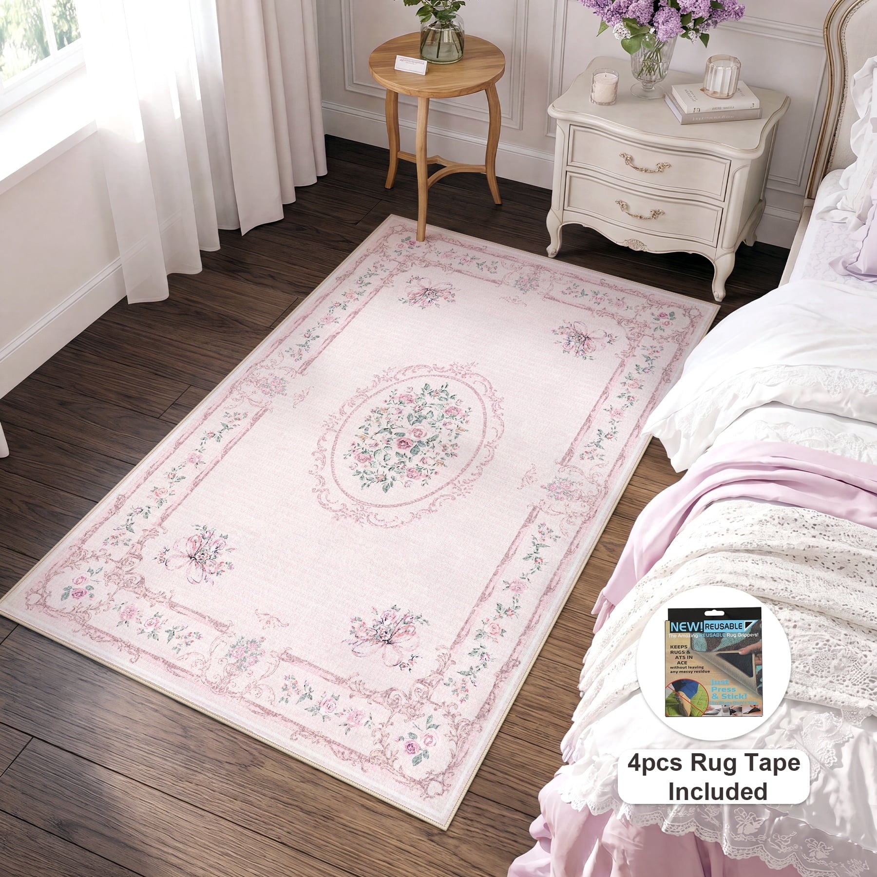 Fnova Boho Vintage 3x5 Pink Rug for Girls Bedroom, Soft Bow Washable Nursery Living Room Area Rug, Floral Non-Slip Low Pile Indoor Carpet for Dorm Kids Playroom, Oeko-Tex Certified