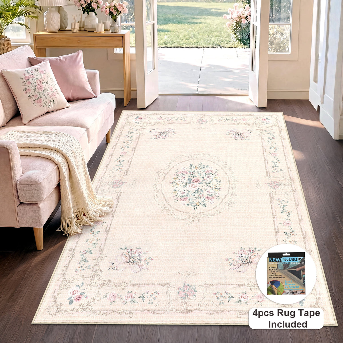 Fnova Boho Vintage 5x7 Blue Area Rugs for Living Room, Bow Soft Washable Rugs for Bedroom Nursery, Floral Non-Slip Low Pile Indoor Dining Room Carpet for Dorm Playroom, Oeko-Tex Certified