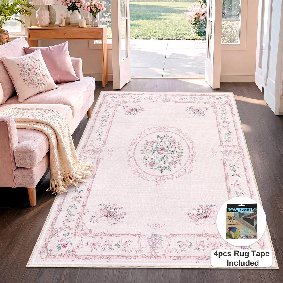 Fnova Boho Vintage 5x7 Pink Area Rug for Girls Bedroom, Soft Bow Washable Nursery Rug Living Room, Floral Non-Slip Low Pile Indoor Carpet for Dorm Kids Playroom, Oeko-Tex Certified