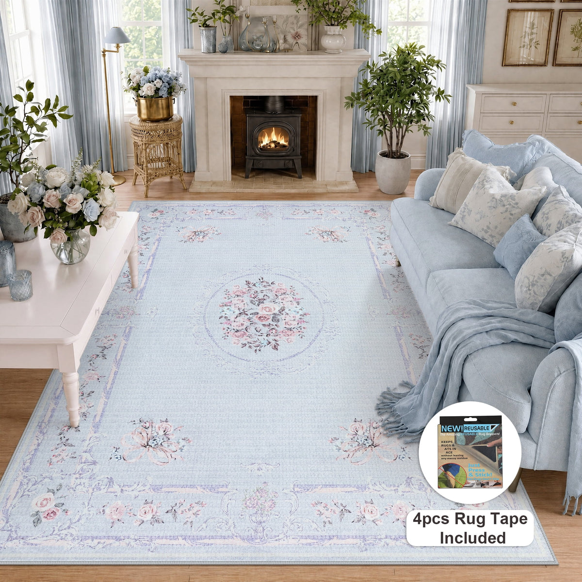 Fnova Boho Vintage 8 x 10 Blue Area Rugs for Living Room, Soft Washable Bedroom Rugs 8x10 for Nursery, Bow Floral Low Pile Indoor Throw Carpet for Dorm Kids Dining Room, Oeko-Tex Certified