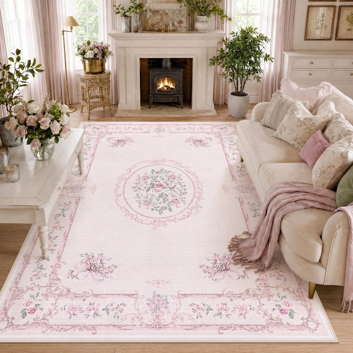 Fnova Boho Vintage Pink 8 x 10 Area Rug for Girls Bedroom, Soft Washable Nursery Living Room Rugs, Bow Floral Large Non-Slip Low Pile Carpet for Dorm Kids Playroom, Oeko-Tex Certified