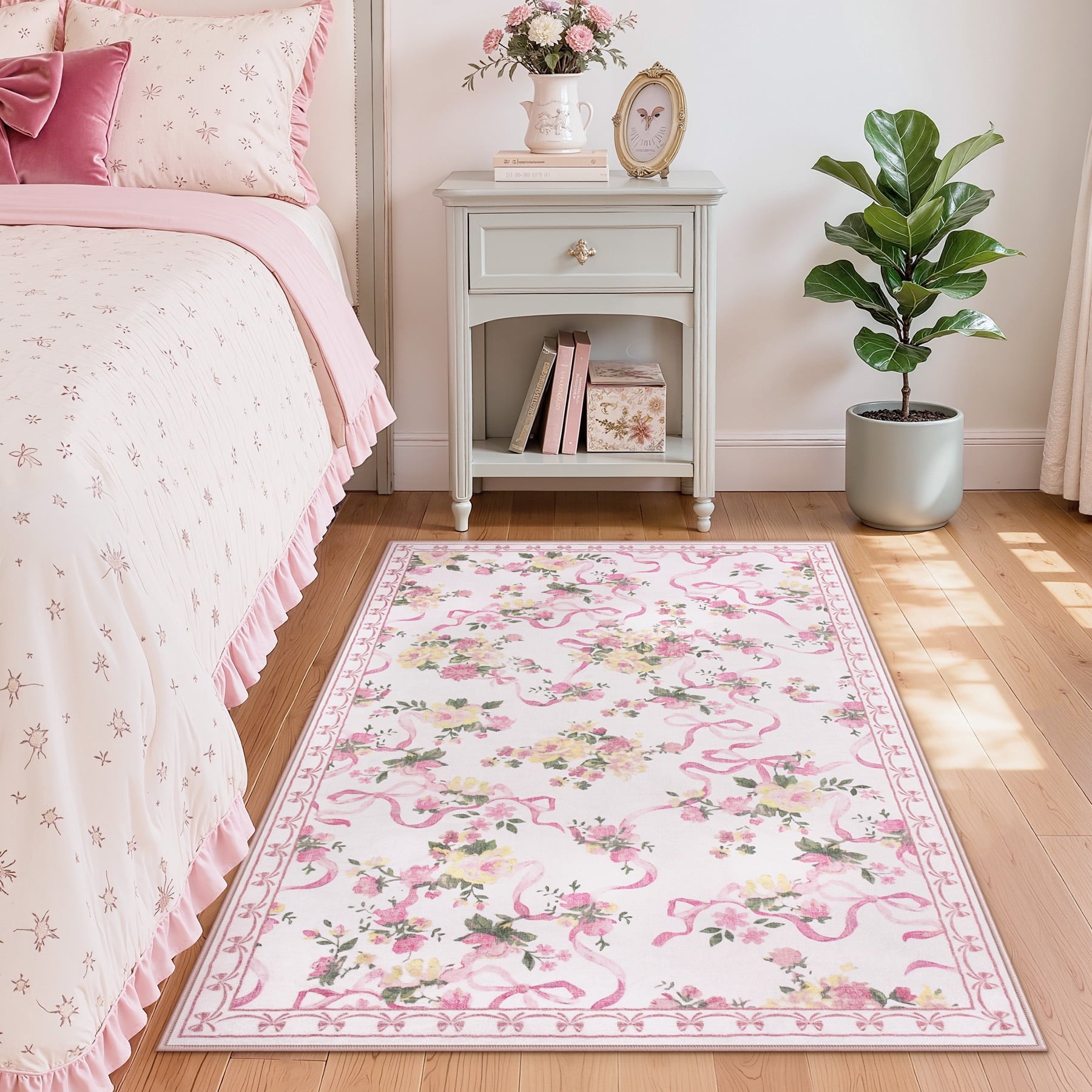 Fnova Bow Floral 3x5 Pink Rug for Girls Bedroom, Soft Washable Nursery Living Room Area Rug, Boho Non-Slip Low Pile Indoor Carpet for Dorm Kids Playroom, Oeko-Tex Certified