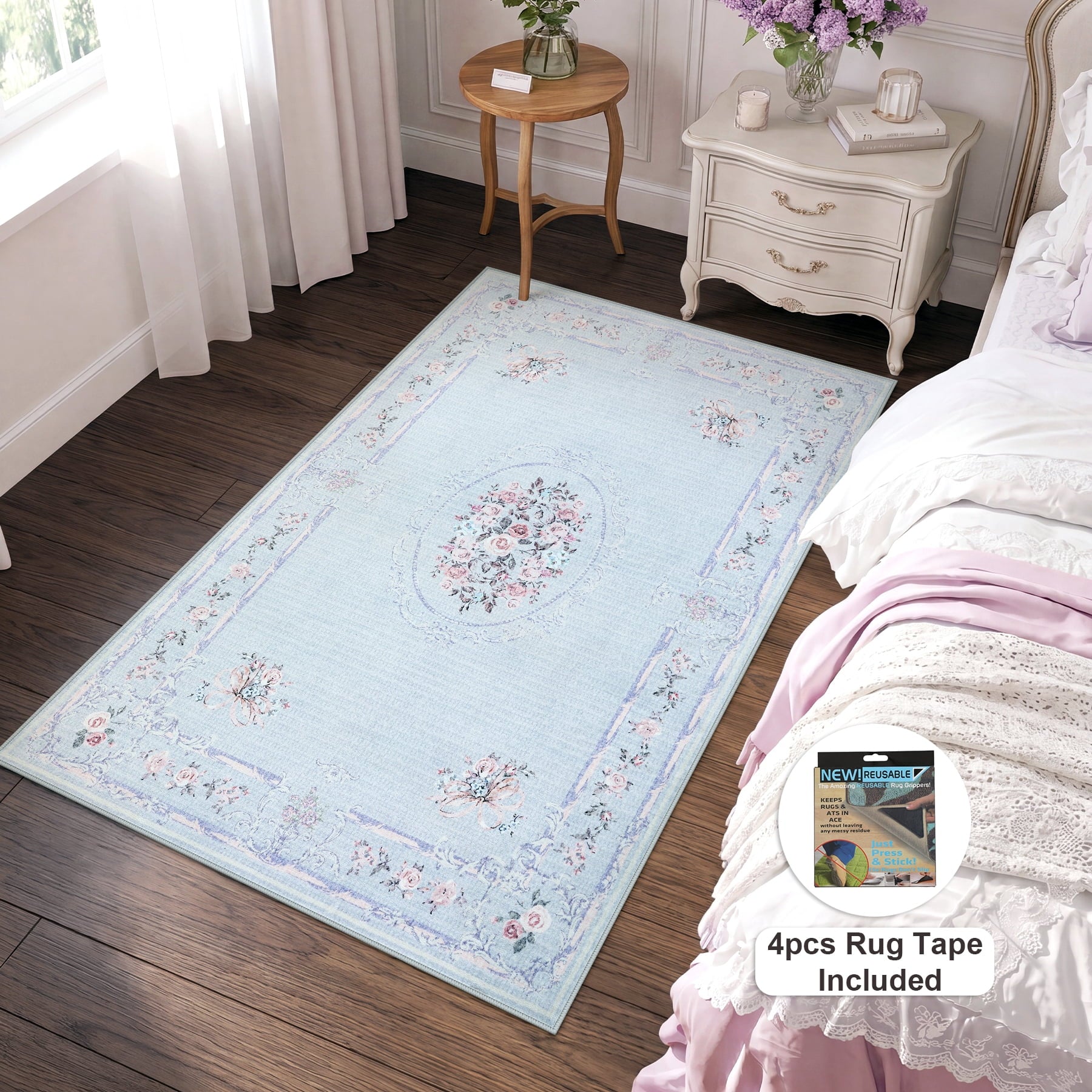 Fnova Bow Floral 3x5 Washable Rugs for Girls Bedroom, Boho Soft Small Entryway Bathroom Area Rugs, Non-Slip Low Pile Indoor Carpet for Living Room Nursery, Beige/Pink, Oeko-Tex Certified