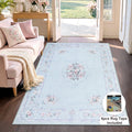 Fnova Bow 5' x 7' Blue Washable Area Rugs, Non Slip Low Pile Boho Floral Rose Medallion Soft Carpet for Living Room Bedroom Nursery