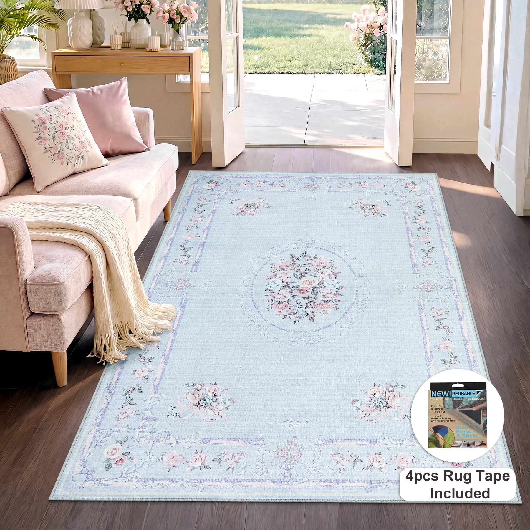 Fnova Bow 5' x 7' Blue Washable Area Rugs, Non Slip Low Pile Boho Floral Rose Medallion Soft Carpet for Living Room Bedroom Nursery