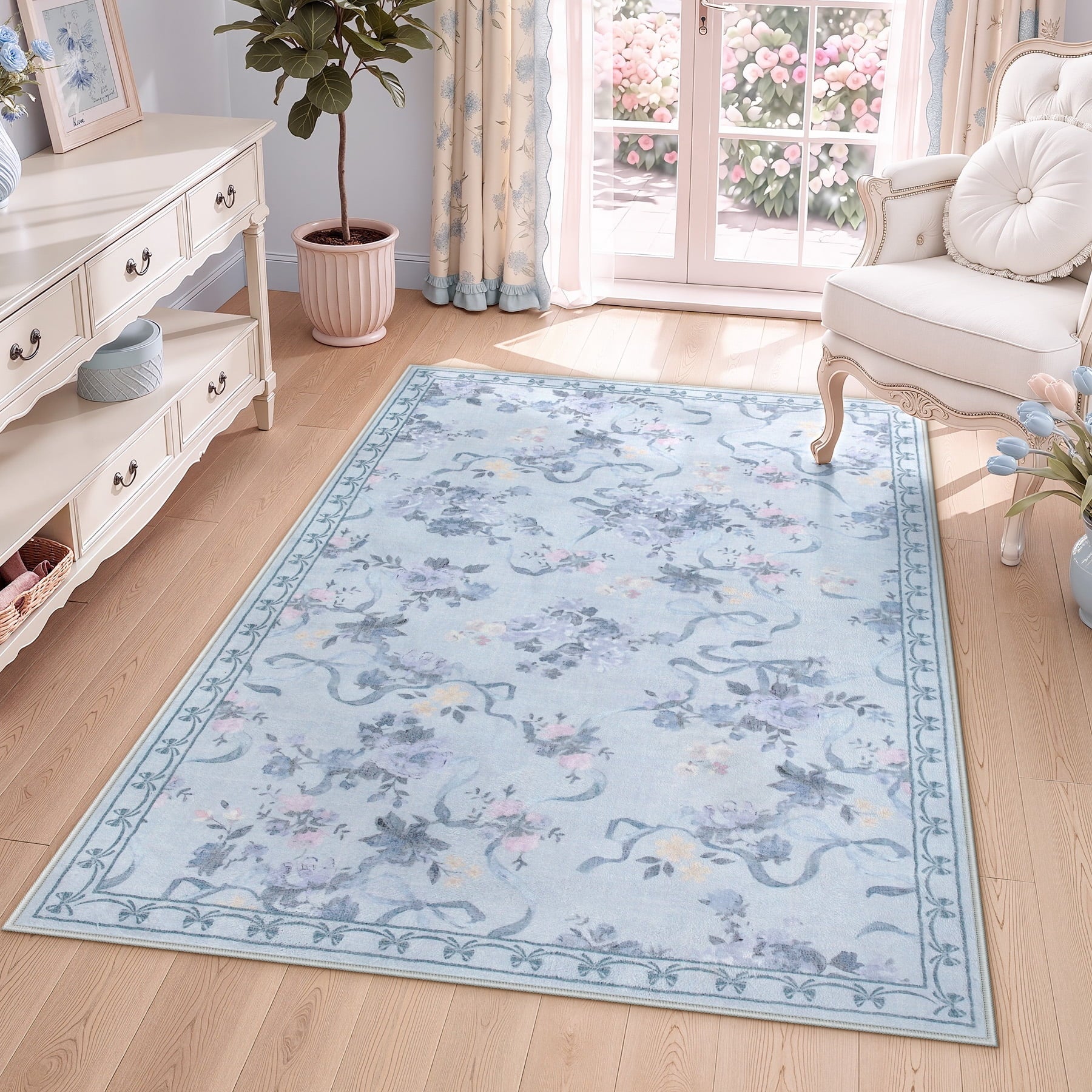 Fnova Bow Floral Blue 5x7 Washable Area Rugs for Living Room, Soft Cute Rug for Bedroom Nursery, Border Non Slip Low Pile Indoor Dining Room Carpet for Kids Playroom, Oeko-Tex Certified