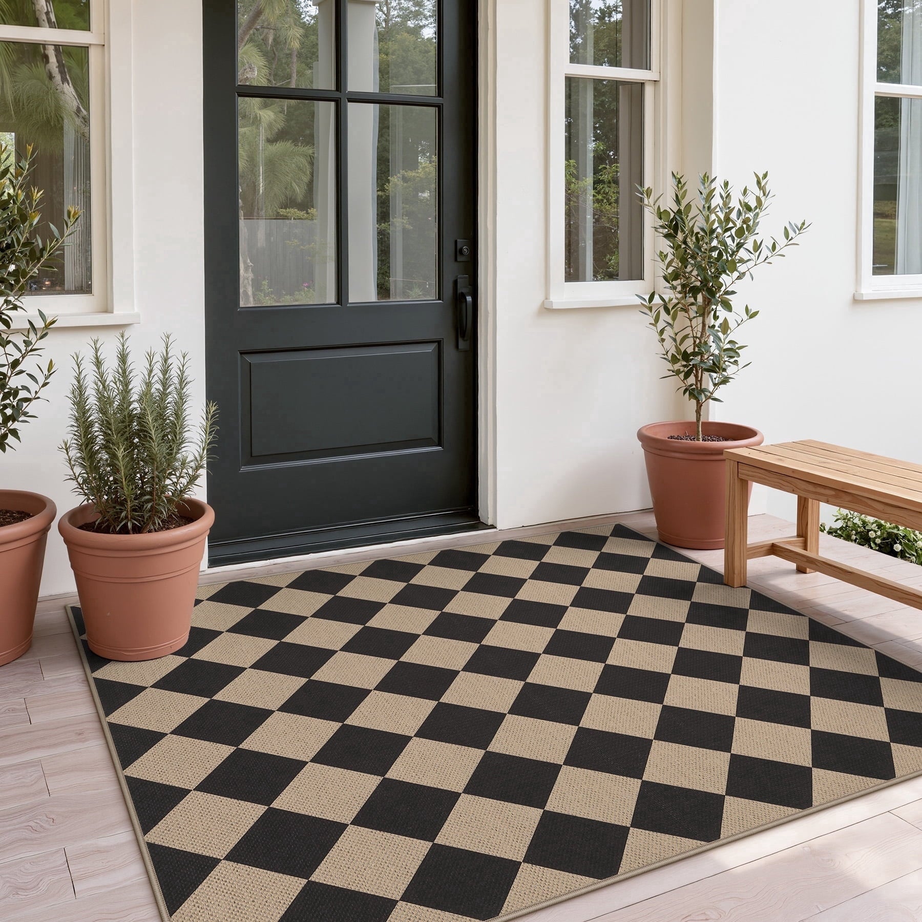 Fnova Checkered Easy Jute 3x5 Washable Outdoor Patio Rug, Modern Black and White Kitchen Area Rugs for Entryway Door, Farmhouse Non-Slip Indoor Carpet for Living Bedroom, Oeko-Tex Certified