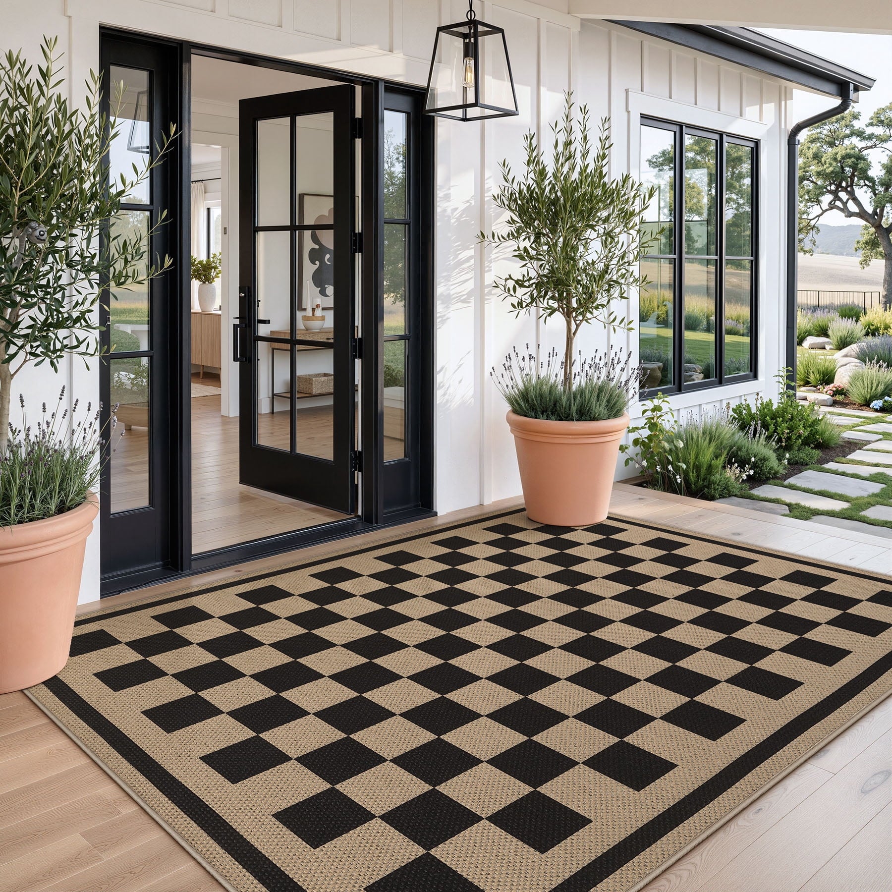 Fnova Checkered Easy Jute 5x7 Outdoor Patio Area Rugs for Living Room, Black and White Washable Indoor Rugs for Bedroom, Geometric Dining Room Carpet for Backyard Office, Oeko-Tex Certified