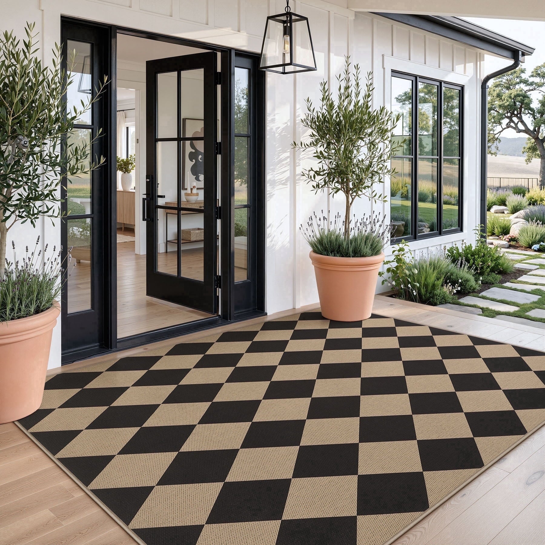 Fnova Checkered Easy Jute 5x7 Outdoor Patio Area Rugs for Living Room, Black and White Washable Indoor = Rugs for Bedroom, Modern Dining Room Carpet for Backyard Office, Oeko-Tex Certified