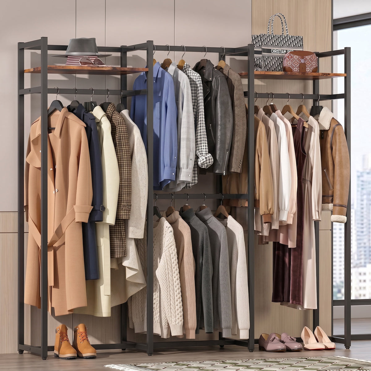 Fnova Large Garment Rack, Metal Freestanding Closet Organizer and Storage System, Heavy Duty Clothing Wardrobe with 2 Shelves and 4 Hanger Rods, Max Load 500Lbs, Dark Black