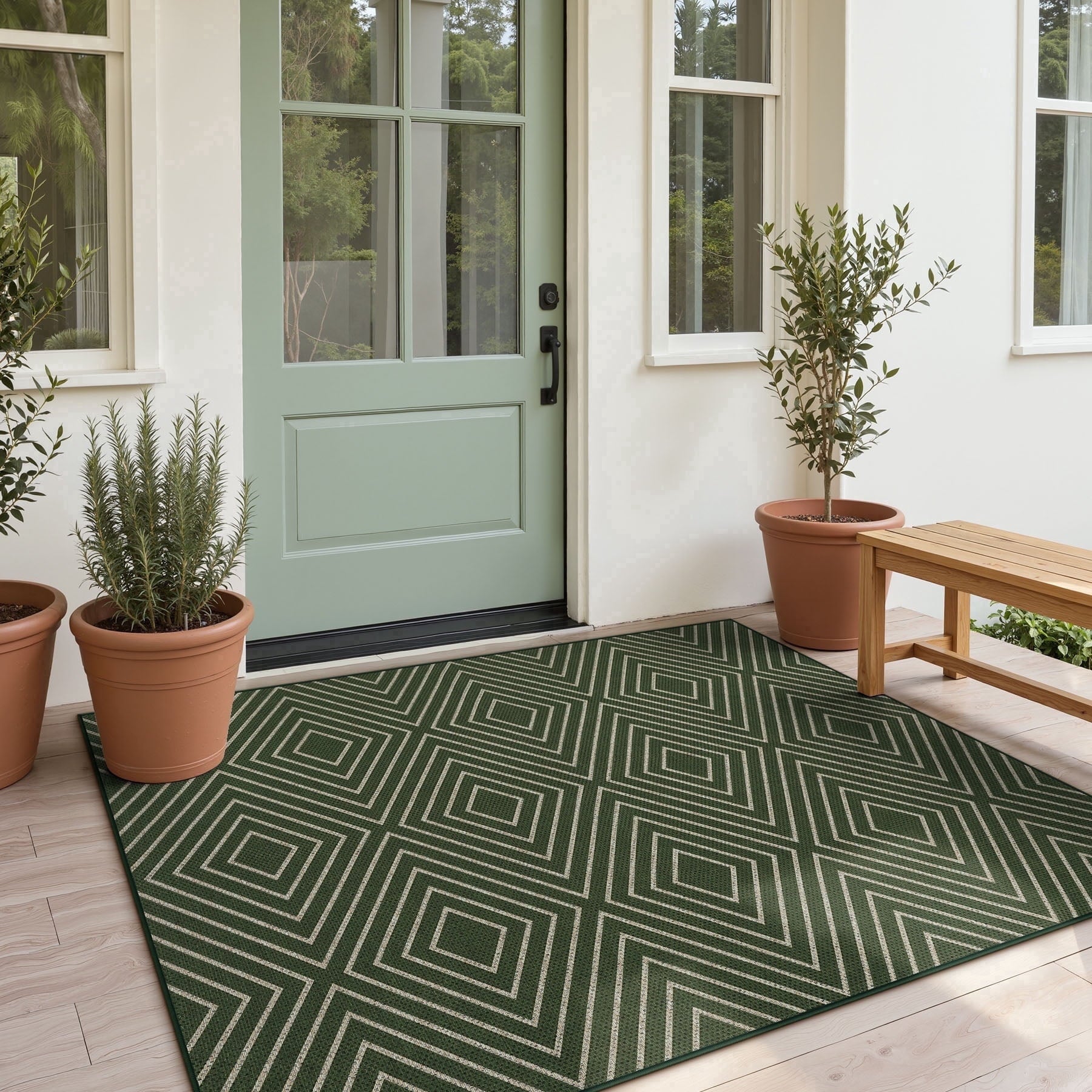 Fnova Modern Easy Jute 3x5 Washable Outdoor Patio Rug, Washable Green Area Rugs for Entryway Kitchen Front Door, Geometric Non-Slip Low Pile Indoor Carpet for Porch Backyard, Oeko-Tex Certified