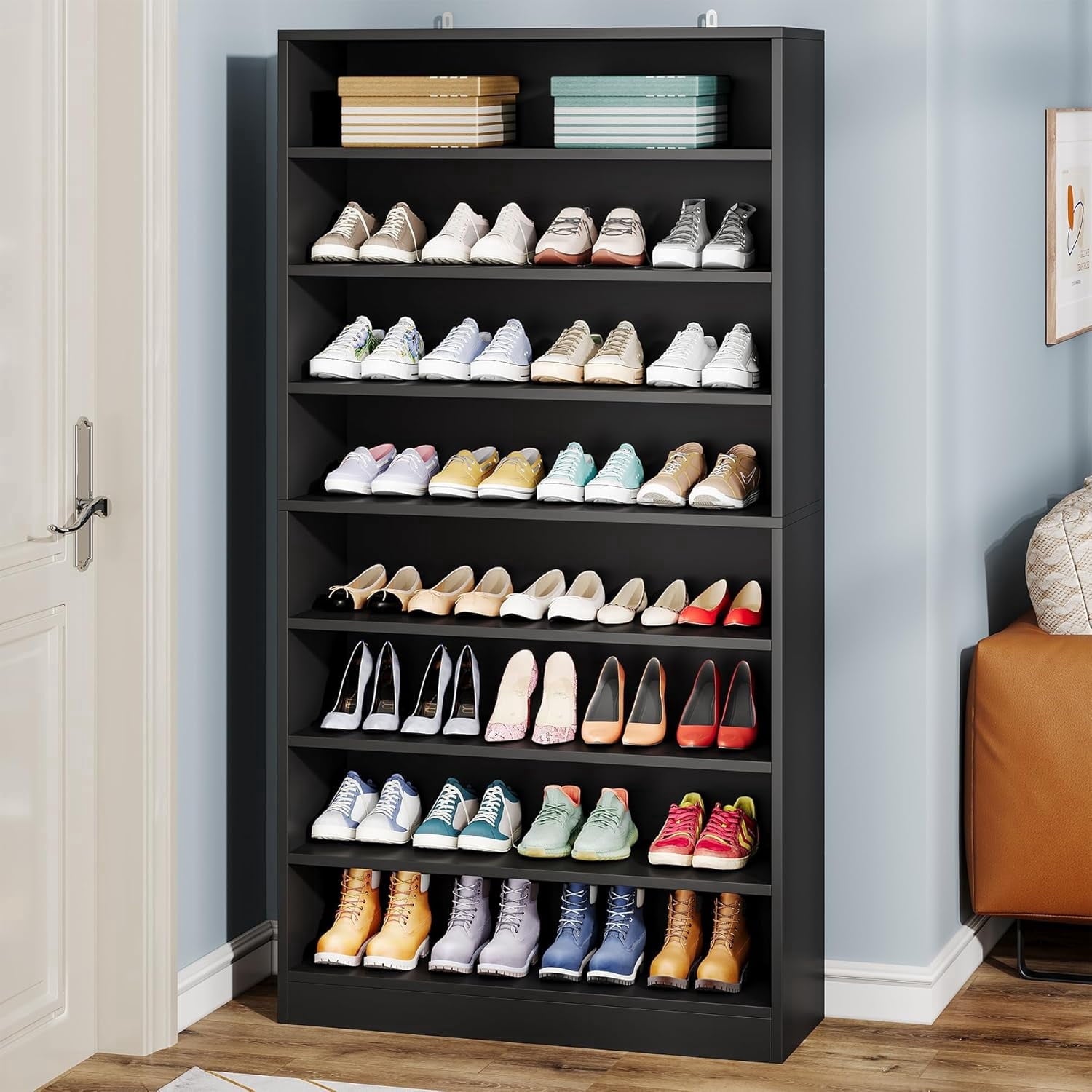 Fnova Tall Shoe Storage Cabinet, Wood Freestanding 8-Tier 40-45 Pairs Shoe Rack Organizer with Open Shelves for Entryway, Black