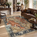 Fnova Tiger Leopard Print 5x7 Green Area Rug, Boho Animal Washable Living Room Bedroom Rug, Soft Non Slip Low Pile Indoor Throw Dining Room Carpet for Office Playroom, Oeko-Tex Certified