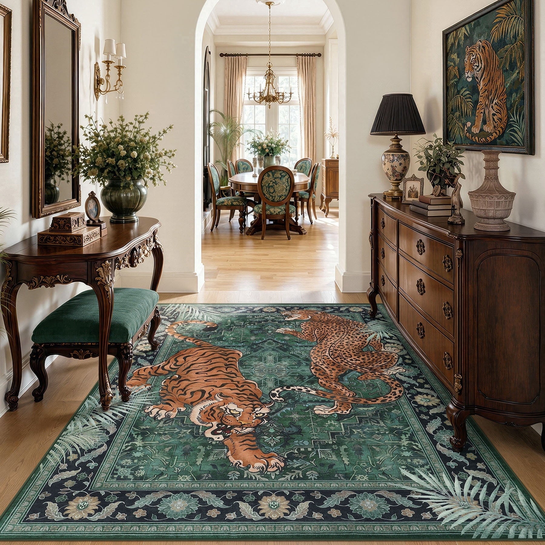 Fnova Tiger Leopard Print 5x7 Taupe Area Rug, Boho Animal Washable Living Room Bedroom Rug, Soft Non Slip Low Pile Indoor Throw Dining Room Carpet for Office Playroom, Oeko-Tex Certified