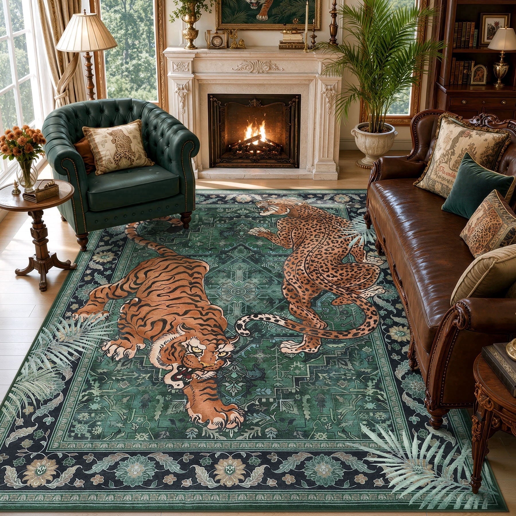 Fnova Tiger Leopard Print 8x10 Green Area Rug, Boho Animal Washable Living Room Rugs for Bedroom, Soft Non Slip Low Pile Indoor Large Dining Room Carpet for Office Playroom, Oeko-Tex Certified