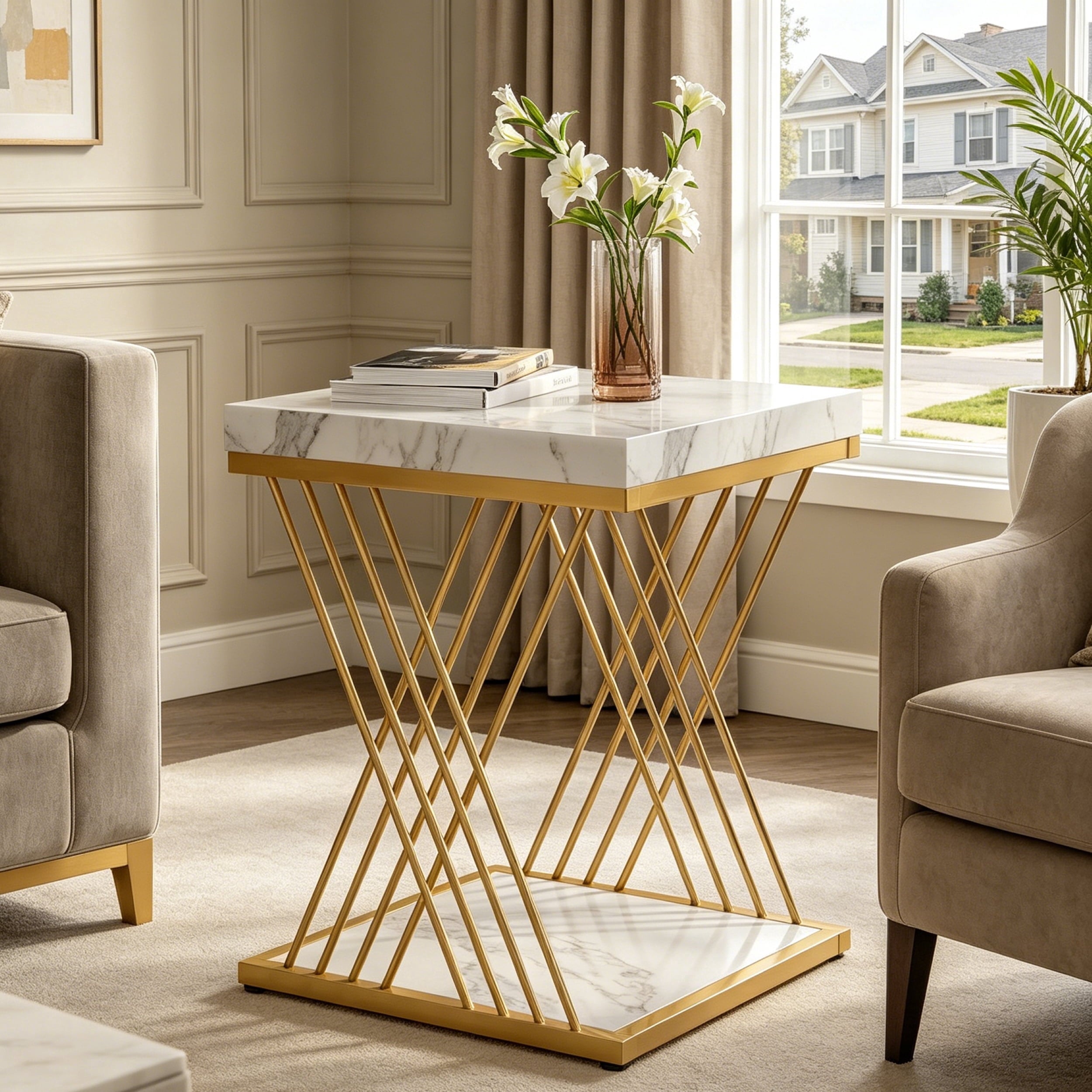 Fnova Modern Square End Table, 2-Tier Narrow Wood Side Table with Storage Shelf, Nightstand with Faux Marble Top and X-Shaped Metal Frame, Easy Assembly, for Living Room, Bedroom, Entryway,White Gold