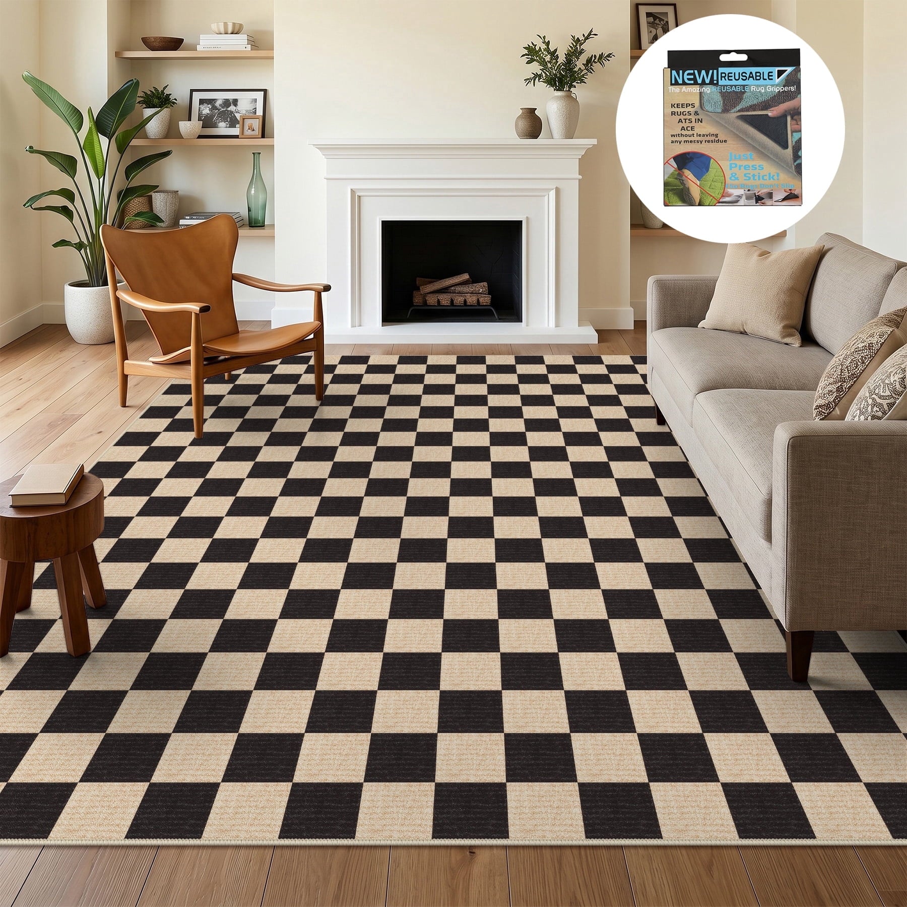 Fnova Checkered Area Rug, 8-Ft x 10-Ft Machine Washable Non Slip Rug for Living Room Bedroom Kitchen, Low Pile Indoor Carpet,WM011602_BK7_US