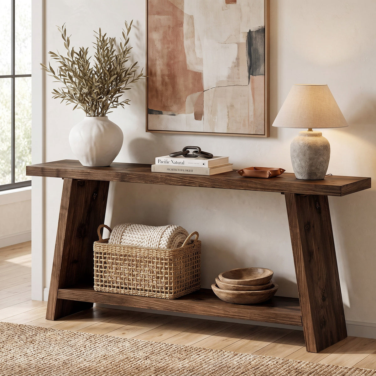 Fnova 70.9-Inch Solid Wood Console Table, Farmhouse 2-Tier Entryway Table with Storage, Narrow Long Sofa Table for Living Room, Hallway, Foyer,WM010911_DBN_US