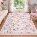 Fnova Bow Floral Pink 5x7 Area Rugs for Girls Bedroom, Washable Soft Cute Nursery Rug for Dorm, Border Non Slip Low Pile Indoor Carpet for Kids Living Dining Room, Oeko-Tex Certified