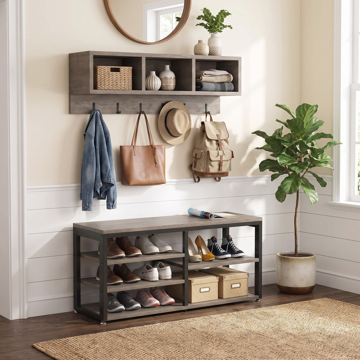 Fnova 5-in-1 Entryway Organizer, 3-Tier Shoe Rack with 3 Cubbies & 7 Hooks, Coat Rack for Hallway Mudroom,WM010576_GB_US