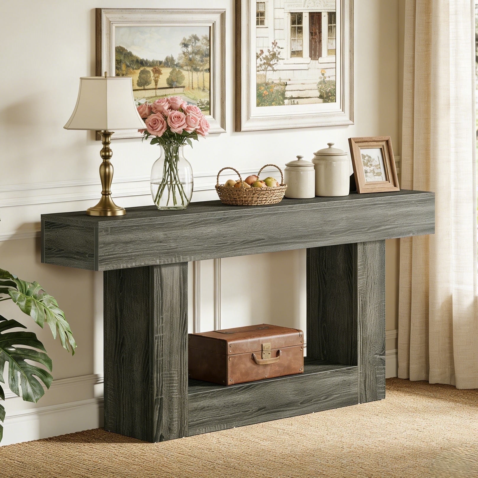 Fnova 63" Farmhouse Console Table, 2-Tier Wood Entryway/Sofa Table with Storage Shelf for Living Room, Hallway, Behind Couch,Gray