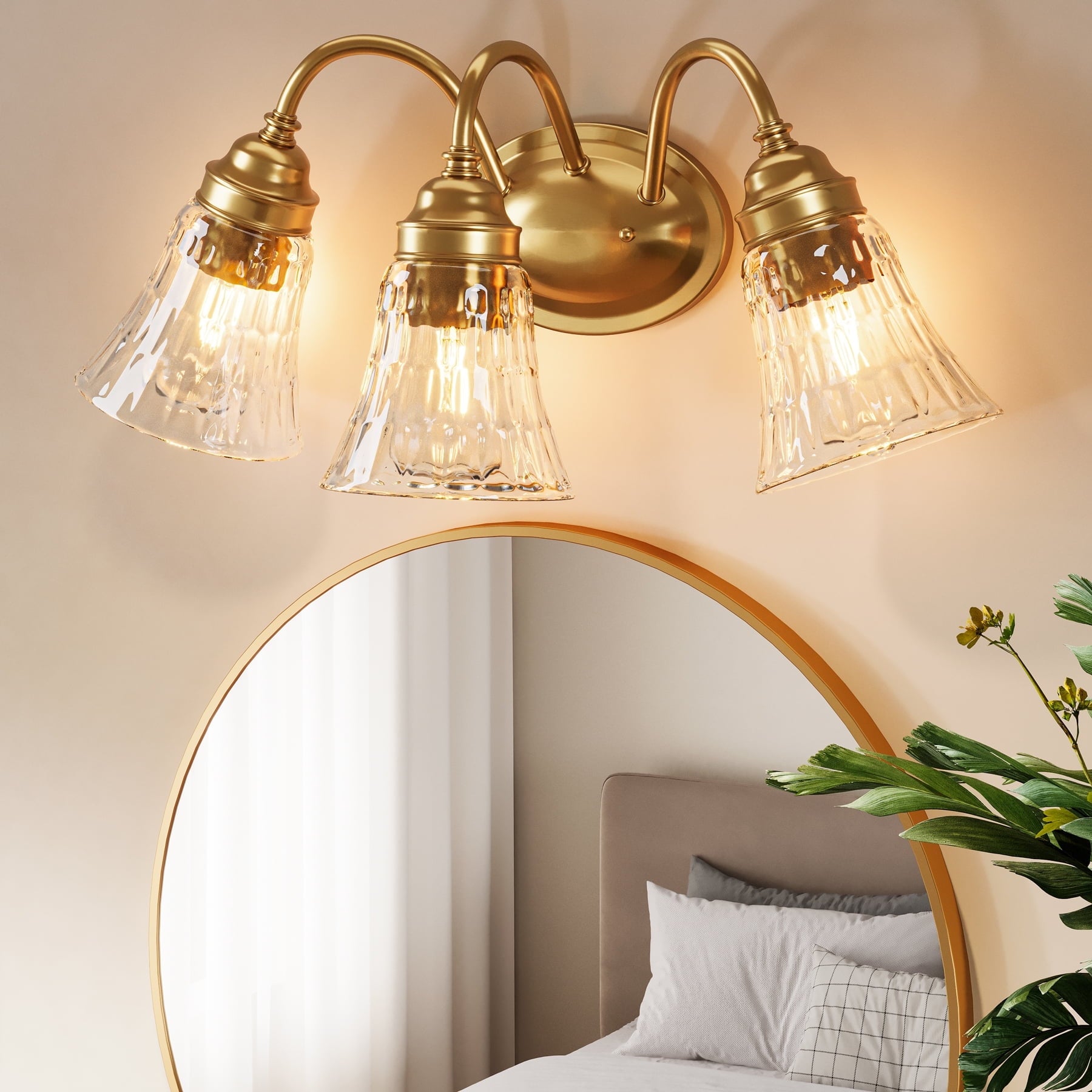 Fnova 3-Light Bathroom Light Fixtures, Modern Wall Lights with Glass Shades, Bathroom Vanity Gold Wall Sconce Lamp for Mirror Bedroom Living Room Hallway Cabinet, E26 Base (Bulbs Not Included),Gold