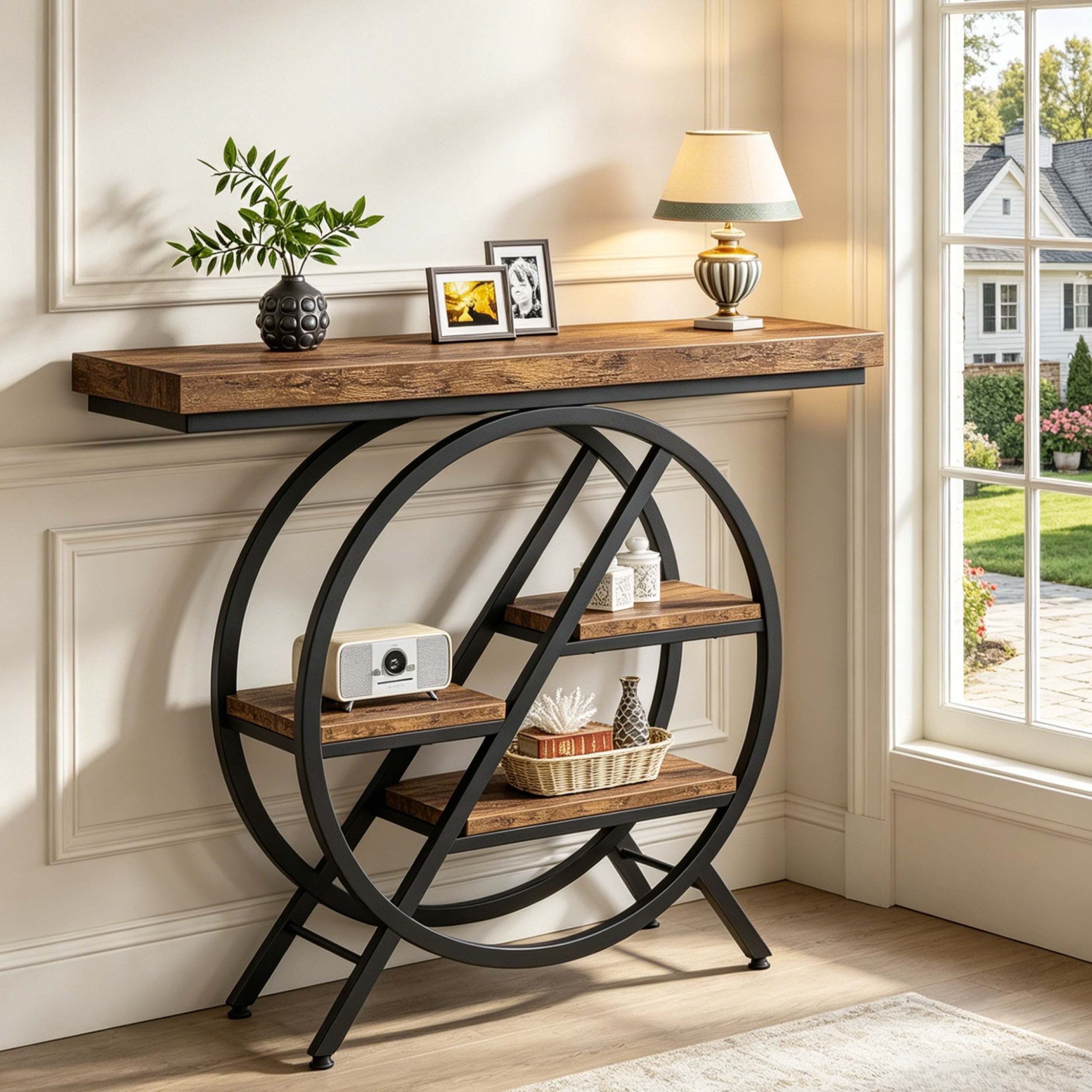 Fnova 40-Inch Industrial Console Table, 4-Tier Entryway Table with Geometric Metal Frame, Rustic Narrow Sofa Table for Living Room, Hallway,WM010390_BNB_US